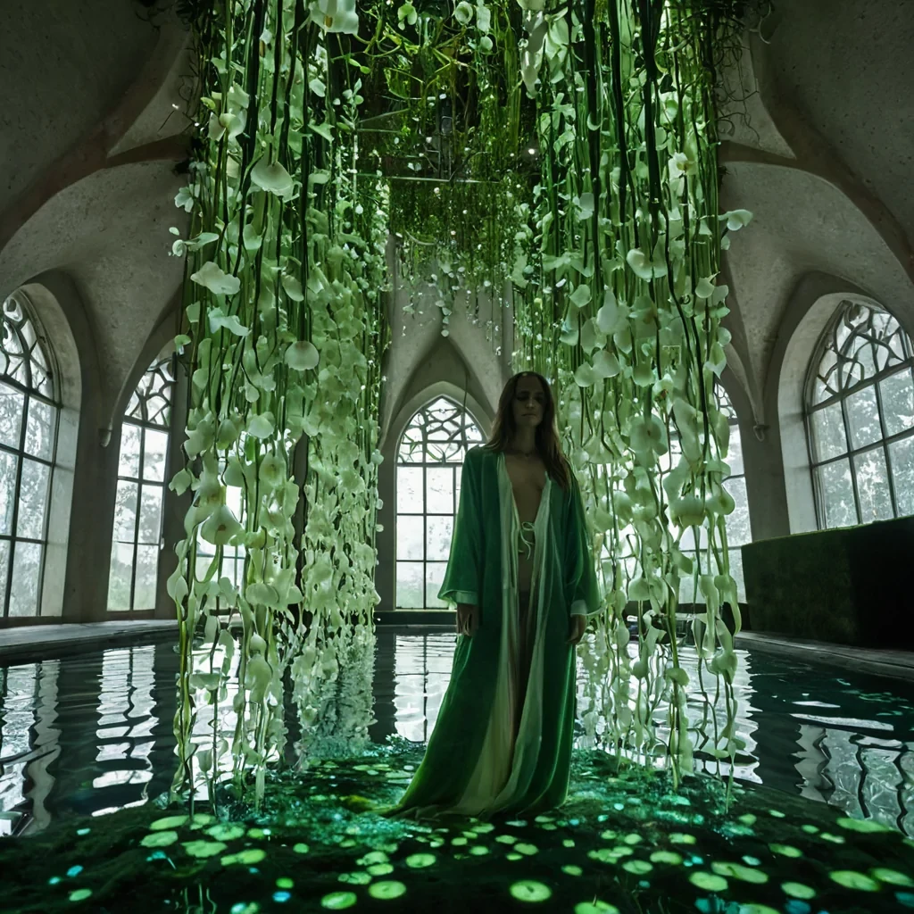 A horizontal, eyelevel wide shot of a vast, subterranean hydroponic garden where the ground is a seamless, undulating carpet of soft, mosslike velvet in deep emerald green. Rising from this organic floor are towering, translucent glass cylinders filled with clear, still water, each containing a single, suspended, blooming orchid with petals made of iridescent motherofpearl. The lighting is provided by thin, flexible strands of bioluminescent algae hanging from the high, vaulted ceiling, casting a soft, ethereal turquoise glow that reflects off the water surfaces. In the center foreground, a figure wearing a flowing, asymmetrical robe constructed from layered, semitransparent silk in shades of pale lavender and cream stands