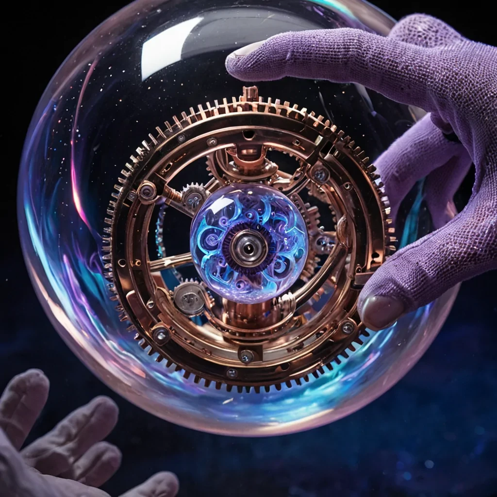 A vertical, eyelevel closeup of a solitary, intricate clockwork mechanism housed within a transparent, spherical glass orb that floats weightlessly in a void of deep, starless indigo space. The internal gears are crafted from polished rose gold and iridescent abalone shell, interlocking with delicate strands of glowing silver wire that pulse with rhythmic, bioluminescent blue energy. Surrounding the orb is a swirling nebula of soft, pastel pink and lavender gas clouds that gently distort the light refracting through the glass surface. In the foreground, a hand wearing a sheer, mesh glove with embedded microcircuitry reaches out to gently rotate a single, floating gear that has drifted outside the orbs boundary. The lighting is cinematic and