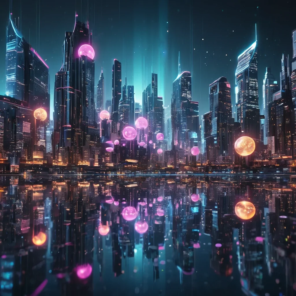 A neonlit, futuristic cityscape where buildings morph like liquid metal, reflecting a sky filled with floating, illuminated orbs, hyperrealistic, 4K, cinematic lighting, volumetric lighting, atmospheric effects, bokeh effect, lens flare, vibrant colors, detailed textures.