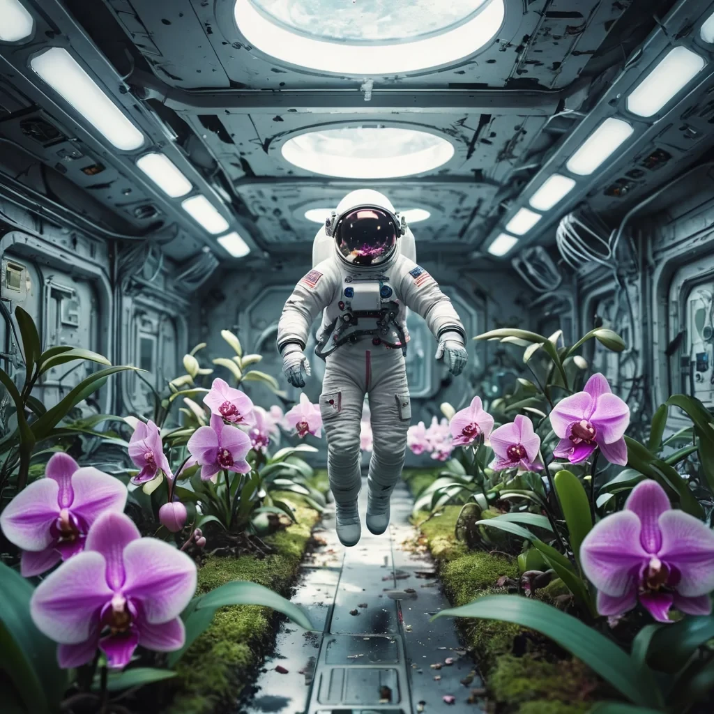 A lone astronaut floats in a zerogravity garden, tending to luminescent, levitating orchids in a derelict space station, hyperrealistic, ultra HD, cinematic lighting, dynamic lighting, bokeh effect, pastel tones, detailed textures.