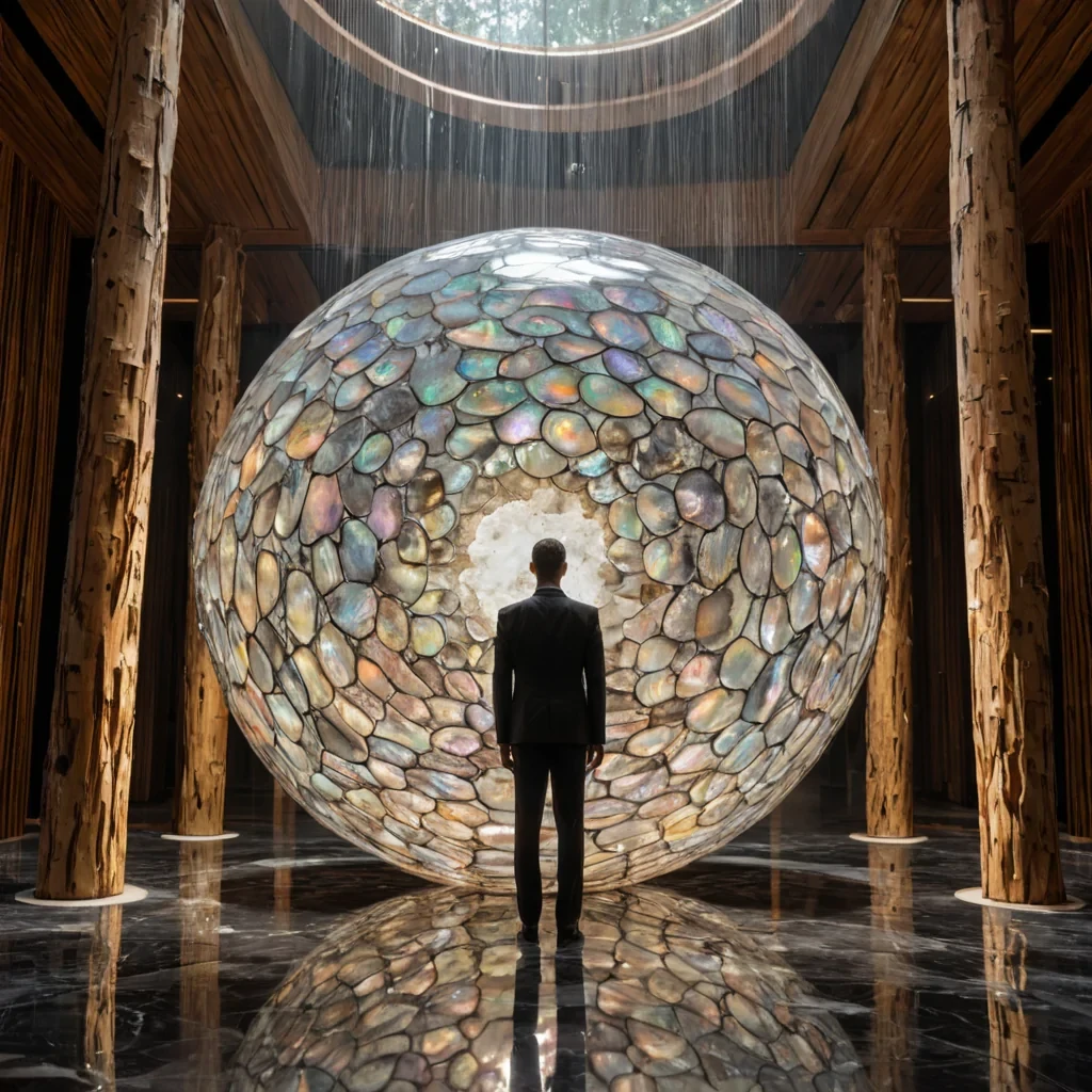 A hyperrealistic, eyelevel medium shot of a solitary figure wearing a suit of woven, iridescent abalone shell plating, standing inside a vast, cylindrical atrium constructed from stacked, translucent sheets of pressed birch bark. The figure holds a glowing, spherical orb of liquid nitrogen that emits a dense, swirling fog of white vapor, which interacts with the warm, amber interior lighting to create volumetric beams of soft, directional light. Surrounding the figure are floating, geometric fragments of polished hematite that orbit in a slow, silent dance, their dark, metallic surfaces reflecting the intricate wood grain of the atrium walls. The floor is a seamless expanse of matte charcoal stone, contrasting with the vibrant, pearlescent sheen