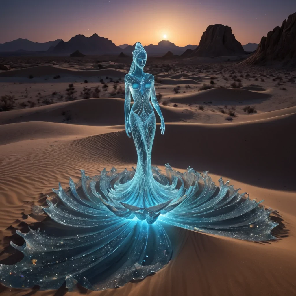 A hyperrealistic, 4K, ultra HD depiction of a surreal, bioluminescent desert at night. The sand dunes are etched with intricate, fractal patterns that shimmer in vibrant, prismatic hues. Volumetric lighting from distant, pulsating, celestial bodies casts a mesmerizing glow on the ethereal, floating crystals that drift above the desert floor. Photorealistic, fractal, zerogravity water formations dance in a surreal ballet, their gentle movements casting ethereal ripples across the crystalline oasis. In the heart of the desert, a towering, crystalline statue of an ancient, mythological being stands watch, its eyes glowing with an otherworldly, serene light.