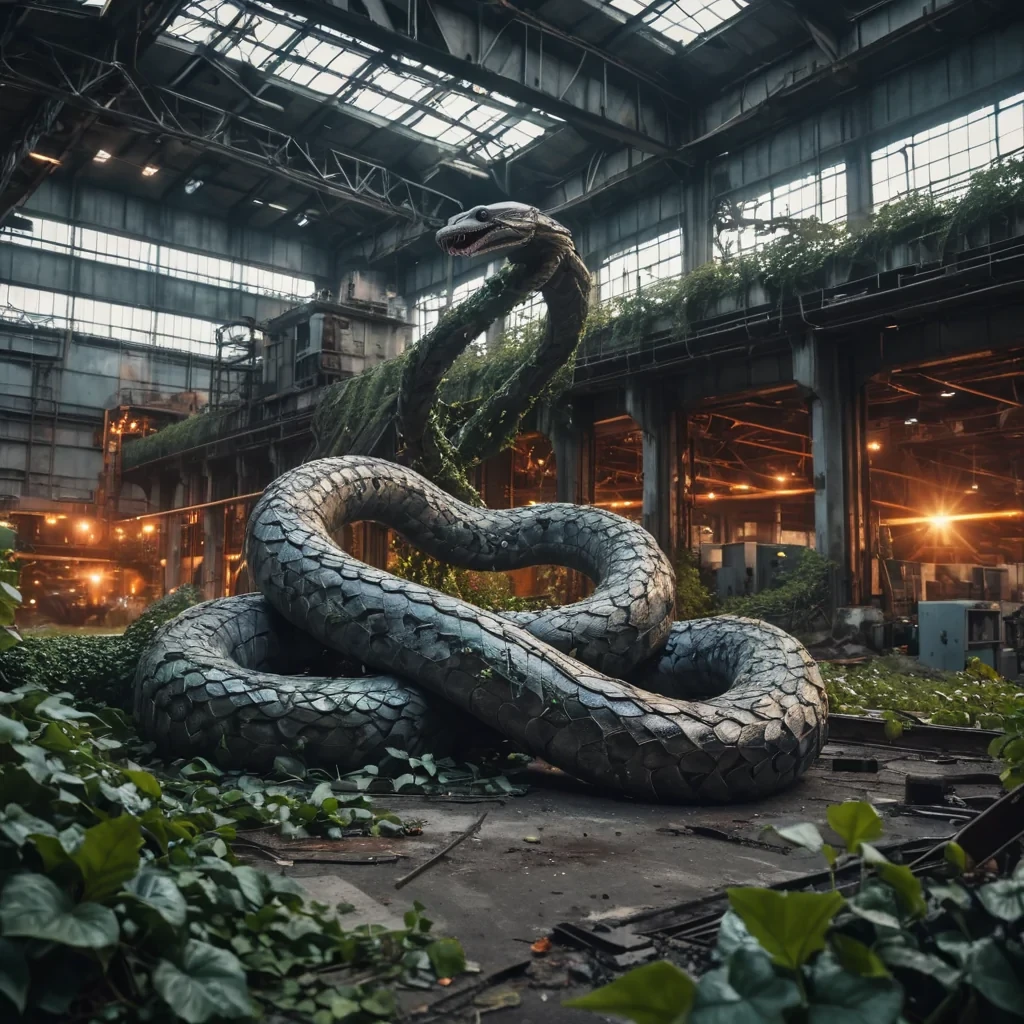 A colossal, metallic serpent slumbers in a vast, abandoned industrial complex, its scales rusted and adorned with ivy, as drones swarm around it, hyperrealistic, 8K, cinematic lighting, volumetric lighting, atmospheric effects, dynamic lighting, bokeh effect, soft focus, lens flare, muted greys, weathered oranges, and deep blues, detailed textures.