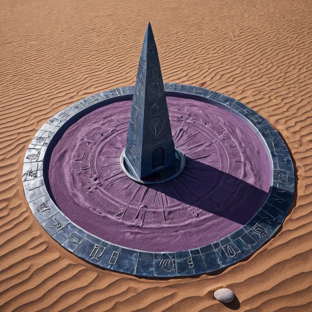 A hyperrealistic, highangle aerial view of a vast, arid desert landscape composed entirely of fine, iridescent violet sand that shifts hue under the midday sun. In the center lies a colossal, ancient sundial carved from a single piece of translucent, pale blue quartz, its gnomon replaced by a slender, floating spire of twisted, polished chrome. Instead of shadows, the spire casts a physical, solid wedge of cool, deep indigo light onto the sand, which has hardened into a crisp, glasslike barrier. Surrounding the central structure are concentric rings of standing stones made of raw, unpolished basalt, each etched with microscopic, glowing runes that emit a faint, warm amber pulse.