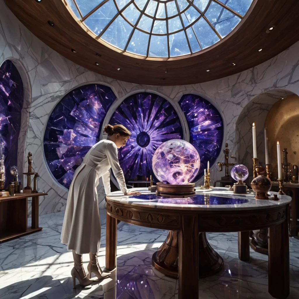 A photorealistic, eyelevel medium shot of a futuristic artisans workshop carved into the interior of a massive, hollowedout sapphire geode, where the walls shimmer with deep blue crystalline facets. The central subject is a table made of polished, warmtoned walnut wood, cluttered with delicate, handblown glass vessels containing swirling, iridescent nebulae in shades of violet and gold. Standing at the table is a figure wearing a sleek, minimalist white ceramic exoskeleton with exposed, glowing circuitry in soft amber, carefully adjusting a brass dial on a vintagestyle mixing console. Sunlight streams through a large, circular skylight above, casting sharp, geometric shadows across the smooth, reflective floor of white marble.