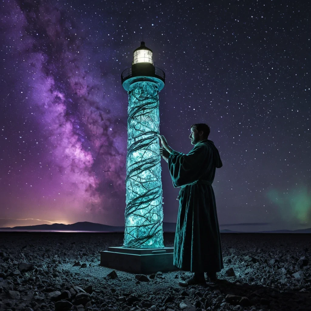 A vertical, eyelevel closeup shot of a solitary, towering lighthouse constructed from woven, translucent strands of bioluminescent mycelium, situated on the edge of a vast, obsidianblack salt flat under a sky filled with swirling, violet nebula clouds. The lighthouse beam is not light but a dense, solid column of floating, silver metallic dust that spirals upward into the atmosphere. In the foreground, a quiet archivist with skin the color of polished mahogany and wearing a flowing, asymmetrical robe of deep teal velvet and silver chainmail stands on a pedestal of rough, gray basalt. They are carefully unrolling a scroll made of thin, flexible sheets of copper etched with glowing, neonblue circuitry.