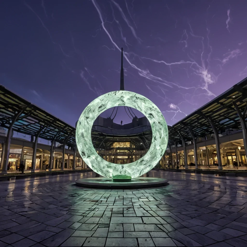 A hyperdetailed, lowangle cinematic shot of a vast, openair plaza paved with massive, hexagonal tiles of raw, unpolished obsidian, each tile inlaid with a single, frozen lightning bolt etched in glowing, neon yellow glass. The sky above is a deep, twilight violet, filled with swirling, translucent clouds that resemble slowmoving smoke, backlit by a large, pale green moon. In the center of the plaza stands a colossal, abstract sculpture made of interlocking, polished white ceramic rings, rotating slowly around a central axis of suspended, liquid silver. The rings are imperfect, with visible fingerprints and scratches, adding a tactile, human touch to the sleek, futuristic form. Around the base of the sculpture,