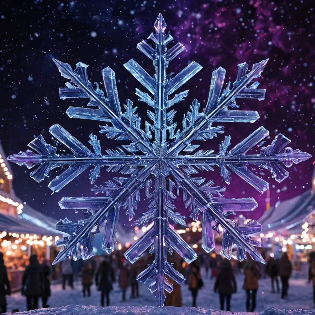 A hyperrealistic, extreme closeup shot of a single, perfect snowflake captured in midfall against the backdrop of a vast, starfilled nebula rendered in deep indigo and violet hues. The intricate hexagonal structure of the ice crystal is not white, but composed of translucent, layered sheets of frozen gold leaf that refract the ambient light into shimmering, prismatic flares. Suspended within the delicate arms of the snowflake are tiny, glowing orbs of liquid mercury, each reflecting a miniature, hyperdetailed scene of a bustling, futuristic marketplace with neonlit stalls and crowds of ethereal figures. The lighting is dramatic and cinematic, with sharp rim lighting highlighting the metallic texture of the ice and the smooth, reflective surfaces