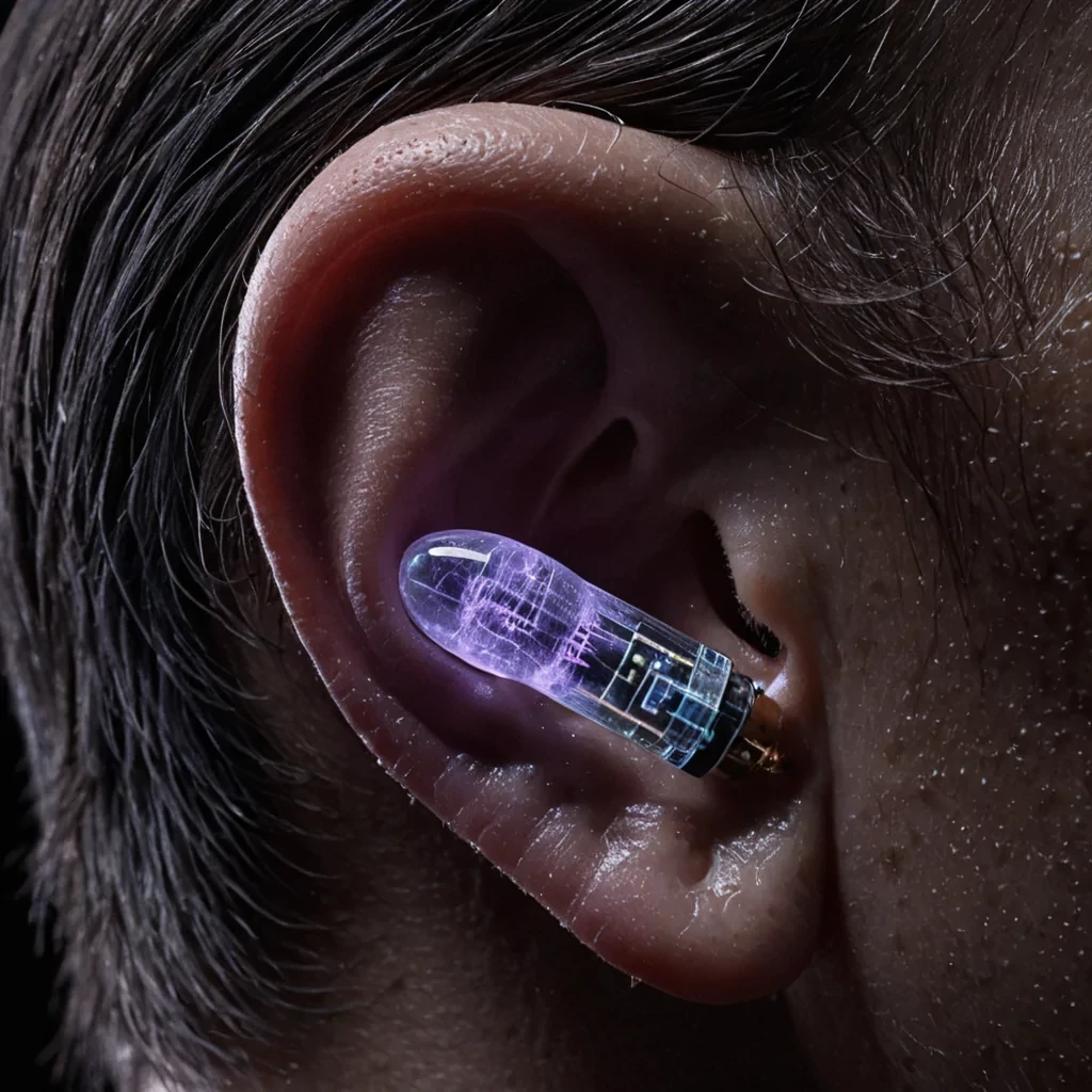A vertical, tight crop of a single, elongated human ear rendered in translucent, pale lavender silicone, positioned against a stark, matte black background. The outer cartilage is replaced by a dense, intricate circuit board made of thin, matte copper traces and tiny, square sapphire capacitors, glowing with a faint, cool cyan light. Inside the ear canal, instead of a drum, there is a tiny, spinning turbine made of polished silver, generating a visible vortex of fine, golden dust particles that swirl inward and vanish into the darkness of the head. The skin surrounding the ear is textured with microscopic, hexagonal pores, each filled with a drop of clear, viscous gel. The lighting is soft and diffused, emphasizing the smooth,