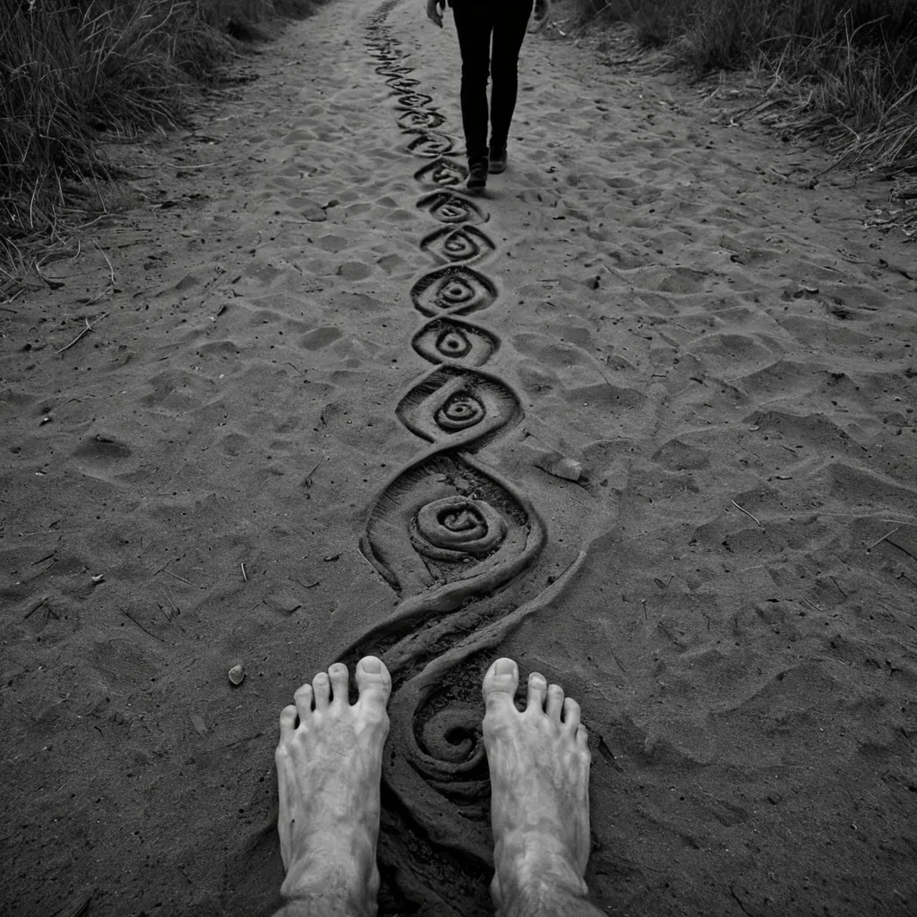 A single, selfresonating filament of reversed timedust, shaped like a spiraling, hyperdimensional braid of unremembered footsteps, thrums at the center of a vast, inverted archive built from the compressed, unrecorded moments of a civilization that communicated through the duration of synchronized, silent walking on the same unwalked path. The filament does not traceit unwalks, each pulse dissolving a layer of motion that never coalesced into a shared journey, reforming into ephemeral, moonstoneveined afterimages shaped like the negative space between two soles that never touched the same ground in the same moment of mutual stillness. The archive is not physicalit is a stratified expanse of