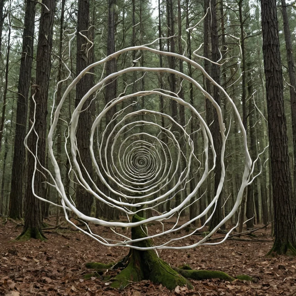 A single, selfilluminating helix of reversed gravity, shaped like a 3,007dimensional spiral of unformed weightlessness and inverted descent, rotates at the center of a vast, inverted forest of solidified wind  each tree carved from the exact moment between a leaf falling and its refusal to land, a branch swaying in a breeze and dissolving into nonaerodynamic stillness, a root anchoring into soil and collapsing into pure, unmeasured nonstability. The helix does not pull objects downward  it unpulls them, each twisting coil shedding a layer of gravitational potential that never coalesced into measurable force, reforming into ephemeral, jadethreaded afterimages shaped like the space