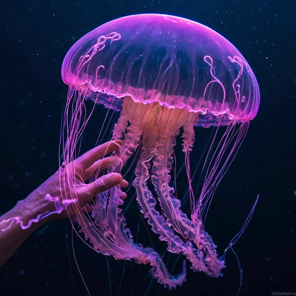 A macro, extremecloseup view of a delicate, bioluminescent deepsea jellyfish whose translucent, gelatinous bell is intricately woven with fine, coppercolored conductive threads and tiny, glowing microchips. The creature floats in a dark, viscous fluid that reflects a kaleidoscope of shifting neon hueselectric magenta, cyan, and ambercreating a liquid mirror effect around its drifting tendrils. In the foreground, a human finger clad in a textured, siliconetipped glove gently touches the edge of the jellyfish, causing a ripple of light to propagate through the creatures body in a wave of soft, pulsating gold. The background is a smooth, outoffocus gradient of deep indigo and