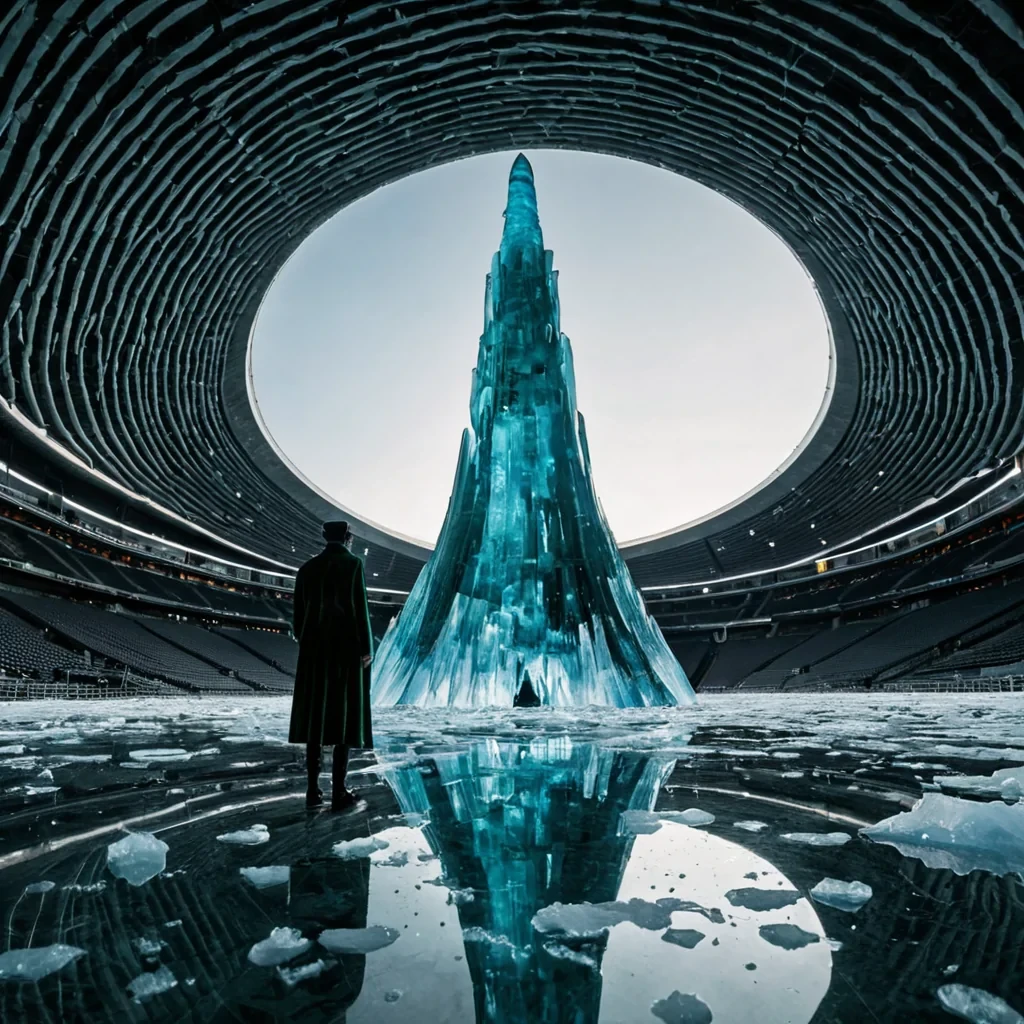 A vertical, lowangle shot of a colossal, inverted spire constructed from layered, translucent sheets of compressed blue ice, rising from the center of a vast, circular arena paved with smooth, black volcanic glass. The arena is bathed in the soft, diffused light of a twinmoon system, casting long, ethereal shadows that stretch across the reflective floor. Floating around the base of the ice spire are dozens of spherical, mercurylike droplets that hover in midair, each reflecting a distorted, kaleidoscopic image of the surrounding sky and the figure standing before them. In the foreground, a solitary figure wearing a highcollared, velvet coat in deep emerald green and a mask made of polished white porcelain with no
