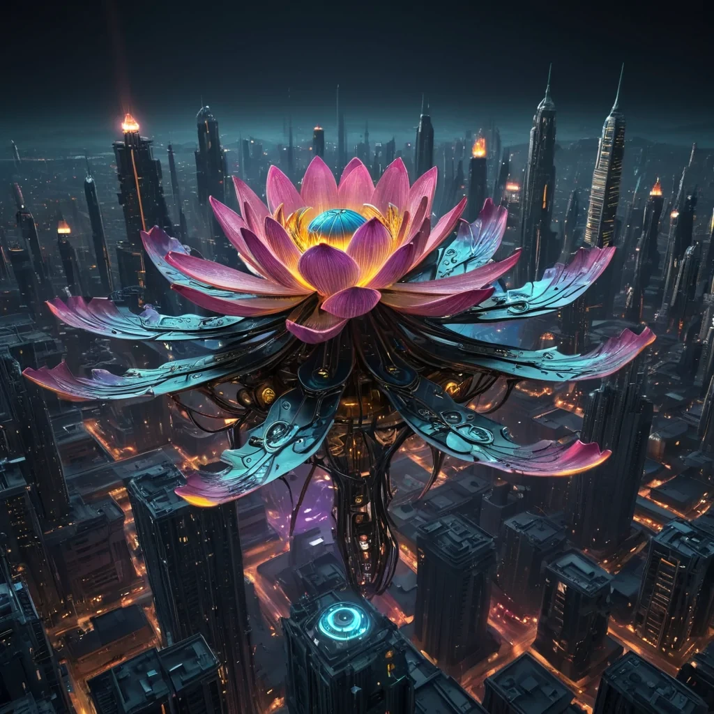A colossal, ancient, mechanical lotus, its metallic petals unfurling to reveal a labyrinthine, neonlit city within, blooms from the heart of a vast, undulating, obsidian plain. Suspended within the lotus stamen, a holographic, sentient, mechanical swarm of dragonflies dances, casting ephemeral shadows on the citys inhabitants sentient, robotic, reptilian creatures. Rendered in ultra HD, with volumetric lighting, atmospheric effects, and vibrant colors, evoking a sense of surreal, otherworldly wonder.