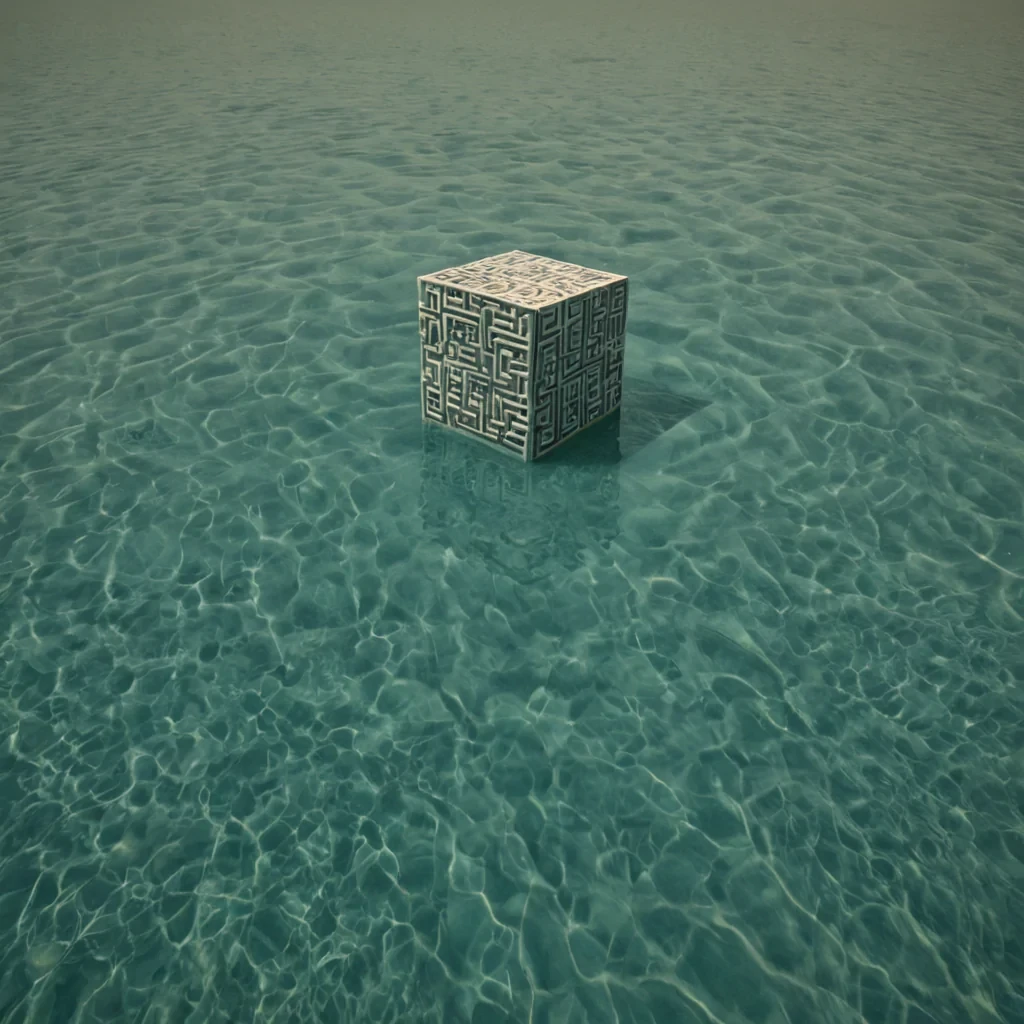 A single, selfrewriting glyph of condensed thought, shaped like a rotating, nonreflective cube of suspended cognition, hovers at the center of a vast, inverted lagoon made of the compressed, unspoken questions of a civilization that communicated through the duration of synchronized, silent pondering of the same unasked query. The glyph does not transmitit unthinks, each face flipping to dissolve a layer of inquiry that never coalesced into a shared understanding, reforming into ephemeral, jadethreaded afterimages shaped like the negative space between two brows that never furrowed in unison during the same moment of mutual uncertainty. The lagoon is not aquaticit is a stratified expanse of petrified curiosity