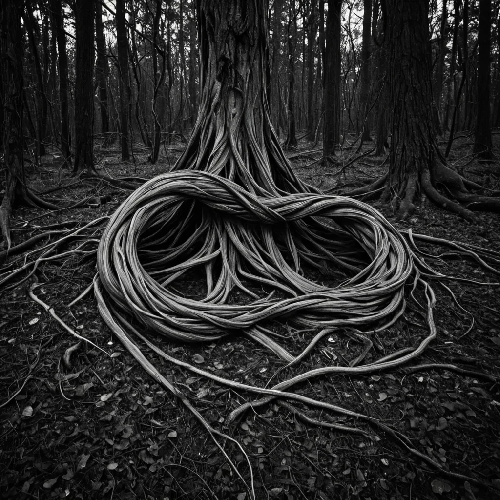 A single, selfilluminating tangle of reversed light, shaped like a 5,219dimensional knot of unformed shadow and inverted luminescence, floats at the center of a vast, inverted forest of solidified twilighteach tree carved from the exact moment between a leaf turning and its refusal to fall, a branch stretching and dissolving into nonorganic stillness, a root grasping and collapsing into pure, unmeasured darkness. The knot does not glowit unglows, each twisting filament shedding a layer of photonic potential that never coalesced into visible radiance, reforming into ephemeral, onyxthreaded afterimages shaped like the negative space between two eyes that never blinked in a world