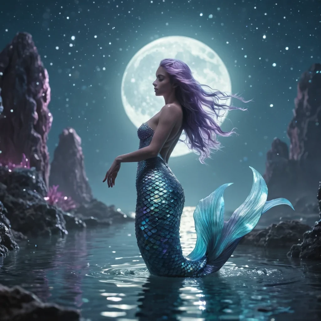 A glowing, ethereal mermaid ascending from a tranquil, moonlit lagoon, her scales shimmering like opals under the lunar glow, hyperrealistic, 4K, cinematic lighting, volumetric lighting, atmospheric effects, dynamic lighting, bokeh effect, soft focus, lens flare, pastel blues, pearlescent silvers, and iridescent purples, detailed textures.