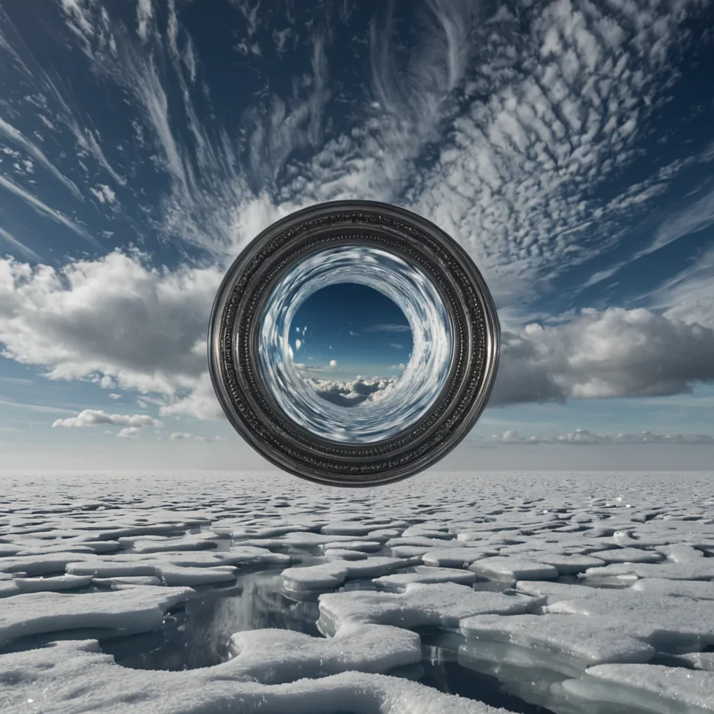 A single, selfechoing mirror of reversed gravity, shaped like a 9dimensional toroidal vortex of inverted reflection and unformed identity, floats suspended in the center of a vast, inverted sky of solidified dreamseach cloud formed from the frozen afterimages of a civilization that measured selfhood not by memory, but by the duration of synchronized, breathless gazes held just before the first mirror was ever allowed to reflect a face in a world where recognition was forbidden. The mirror does not reflectit unsees, each ripple shedding a layer of existential potential that never coalesced into a shared self, reforming into ephemeral, opalthreaded afterimages shaped like the negative space between two eyes that never blinked in unison