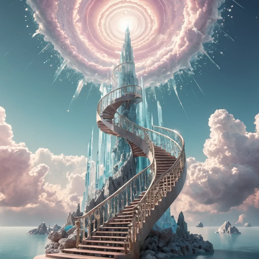 A colossal, crystal spire piercing a cloudless sky, with a spiral staircase ascending into the heavens, surrounded by floating, luminescent islands, hyperrealistic, Ultra HD, cinematic lighting, volumetric lighting, atmospheric effects, bokeh effect, pastel tones, detailed textures.