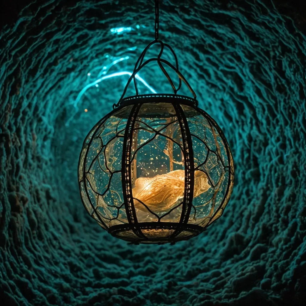 A single, hummingbirdsized lantern made of woven, bioluminescent mycelium floats in the center of a zerogravity chamber lined with walls of solidified breath, its light not warm, but a cool, pulsing cyan that shifts in hue with the emotional resonance of the observer. The lanterns body is not glass, but a living lattice of glowing fungal filaments that pulse in time with the rhythm of a forgotten lullaby, each strand vibrating with the faint afterimage of a childs first smile. Inside, instead of a flame, there floats a single, crystalline droplet of condensed silence, refracting the light into a thousand tiny, shifting constellations that form the names of places that never existed. Around