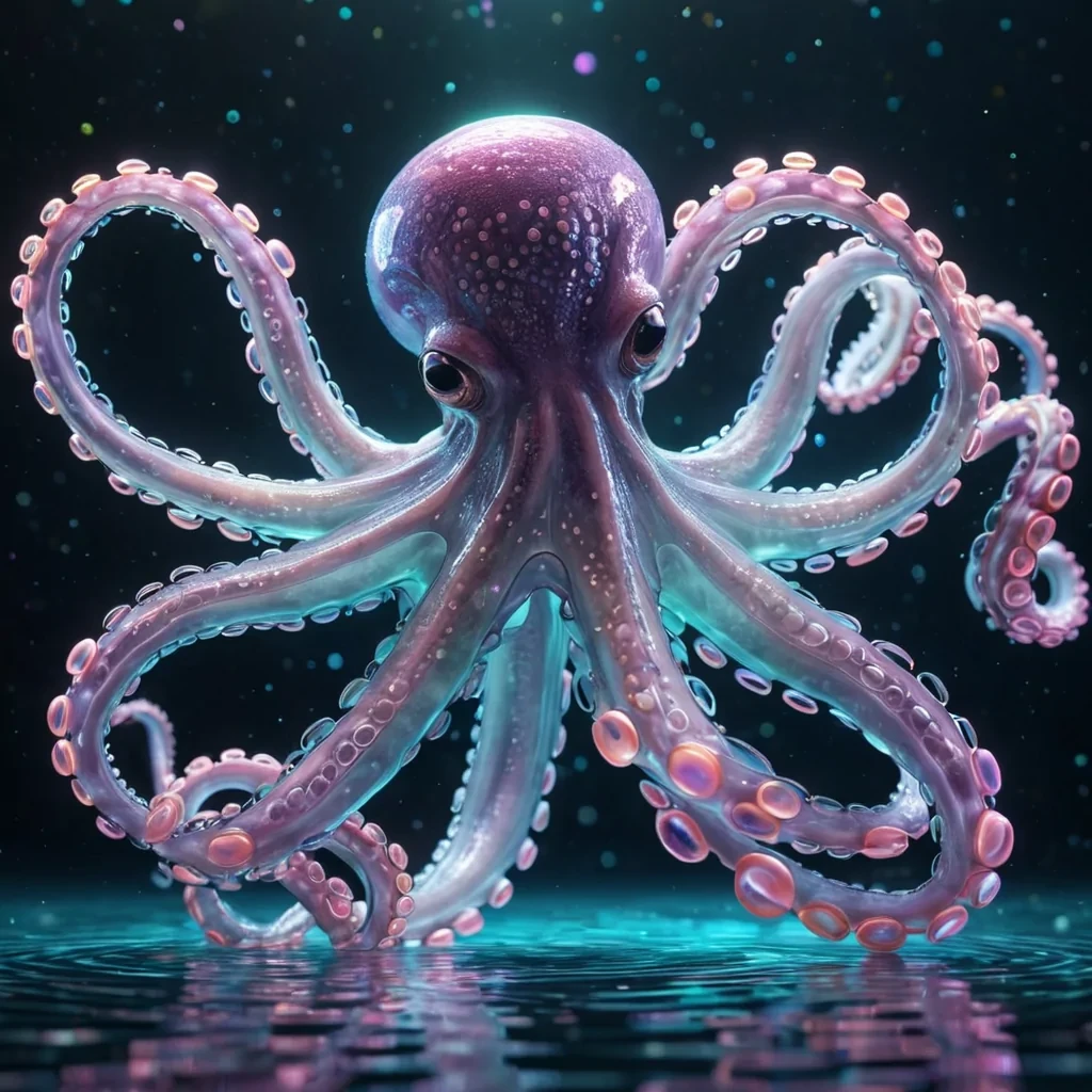 Hyperrealistic neon octopus with iridescent tentacles, gracefully dancing through a floating, geometric spiral of reflective, swirling pastel spheres, dynamic lighting with volumetric beams, soft focus on its graceful, luminescent body, vibrant colors, 4K resolution, lens flare shimmering around its ethereal form in a surreal, futuristic underwater ballet.