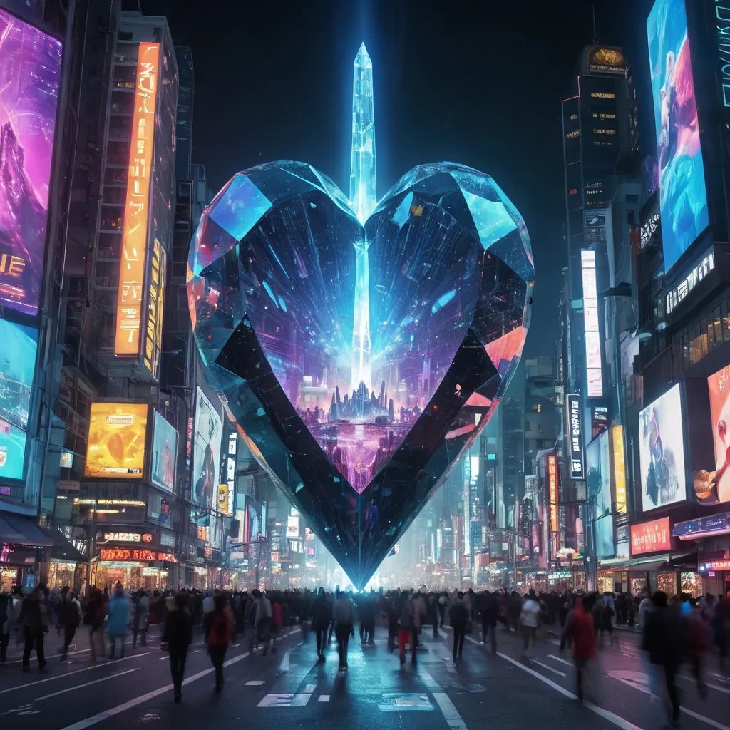 A gigantic, crystalline obelisk piercing through the heart of a bustling, vertical city, its facets reflecting a symphony of holographic advertisements and neon billboards, while agile, bioluminescent creatures glide through the air, hyperrealistic, ultra HD, cinematic lighting, volumetric lighting, atmospheric effects, bokeh effect, vibrant colors, detailed textures.