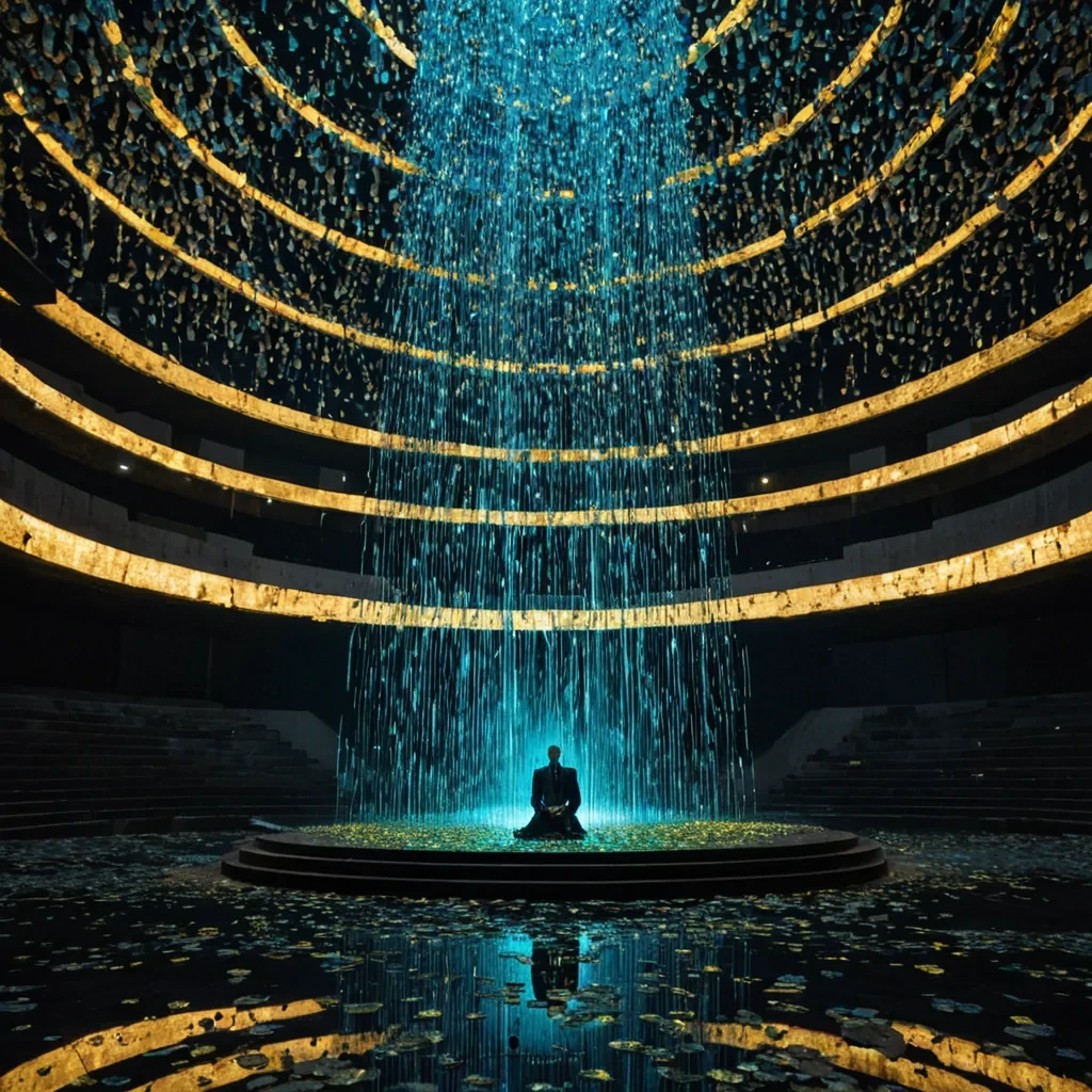 A lowangle, wideshot of a colossal, inverted waterfall made of cascading, liquid gold coins that shatter into individual, glowing pixels upon hitting a floor of deep, obsidian glass. The scene is set within a vast, Brutalist amphitheater constructed from raw, unpolished concrete blocks, where the architecture is being slowly consumed by vibrant, overgrown vines of bioluminescent blue algae. In the center, a solitary figure sits on a floating, geometric throne made of interlocking magnetic rings, wearing a suit of armor crafted from translucent, iridescent beetle shells that reflect the pixelated gold rain. The air is filled with swirling mist that catches the light, creating volumetric beams that pierce through the darkness, while