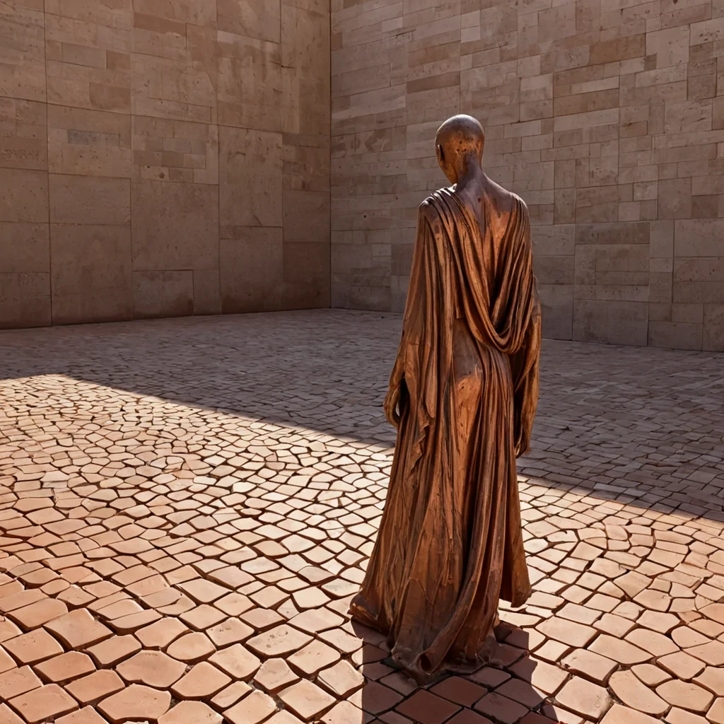 A photorealistic, eyelevel wide shot of a vast, sundrenched plaza paved with irregular tiles of polished, warmhued terracotta clay, each tile subtly embedded with a single, preserved desert flower in varying stages of bloom. In the center stands a colossal, kinetic sculpture composed of thousands of interlocking, brasscolored copper sheets that shift slowly like a breathing lung, catching the midday light to create a dazzling, metallic shimmer. Surrounding the sculpture are towering, sheer walls of roughhewn limestone, draped in cascading curtains of delicate, white silk that ripple in an unseen breeze, casting soft, textured shadows across the ground. A solitary figure in a flowing, unadorned robe of natural undyed wool walks toward
