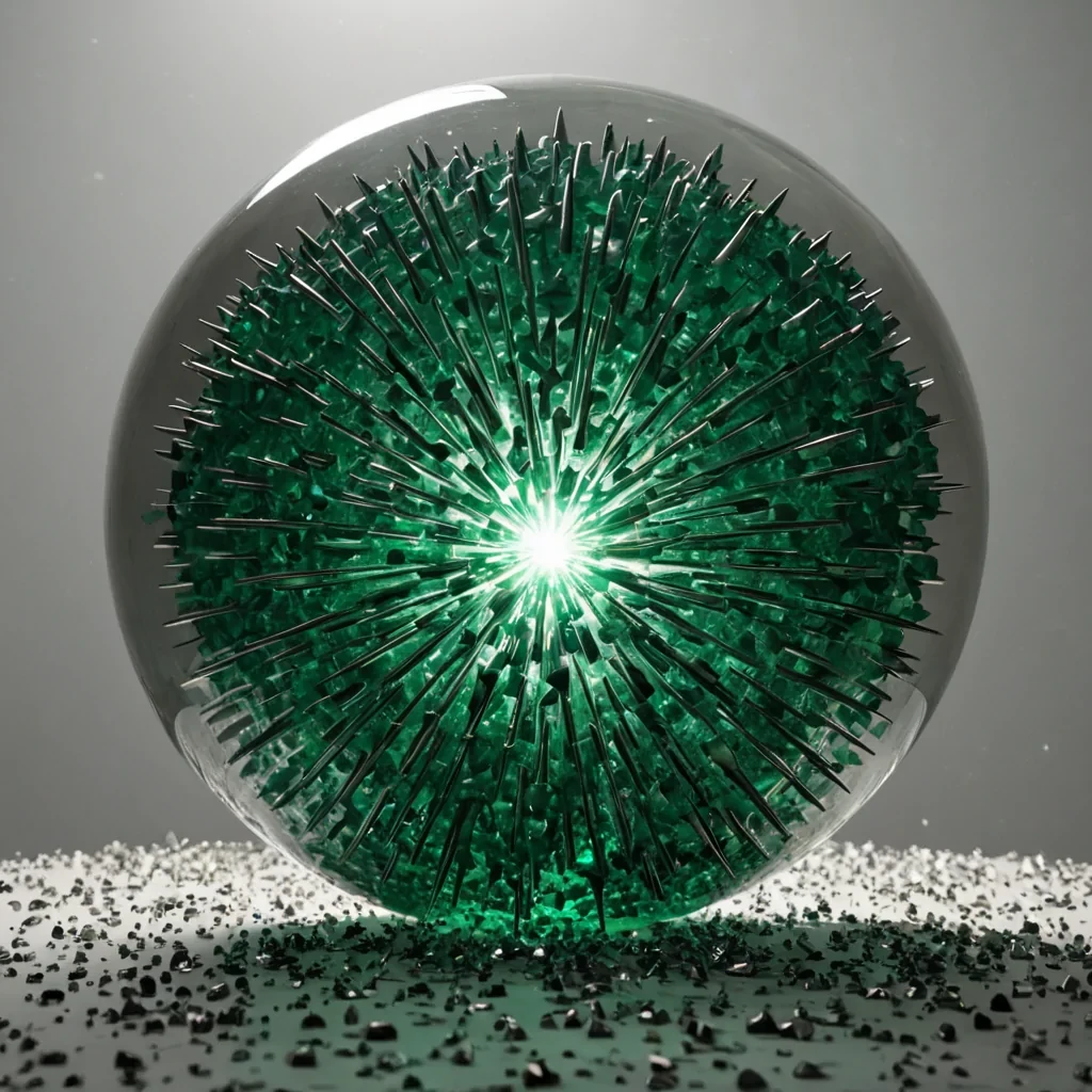 A hyperrealistic, lowangle perspective from inside a vast, spherical chamber lined with thousands of rigid, mattewhite ceramic petals that are slowly, imperceptibly closing. The center of the sphere is occupied by a single, massive, translucent sphere of liquid mercury that is not liquid but appears frozen in a chaotic, splashing instant, with sharp, rigid spikes of silver metal protruding outward in all directions. Embedded within each spike is a tiny, perfectly square chip of glowing emerald green glass, emitting a cool, precise light that contrasts with the warm, soft shadow of the closing petals. The air within the sphere is thick with suspended, microscopic golden dust that swirls in slow, hypnotic spirals, catching the emerald light and creating