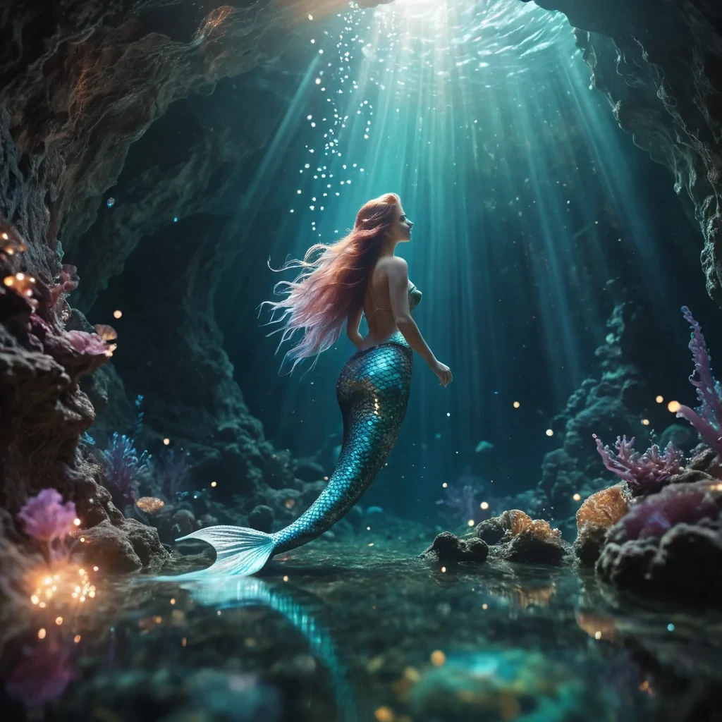 A lone, ethereal mermaid glides through an underwater cavern, her iridescent tail leaving a trail of glowing spores, hyperrealistic, ultra HD, cinematic lighting, volumetric lighting, atmospheric effects, bokeh effect, lens flare, pastel tones, detailed textures.