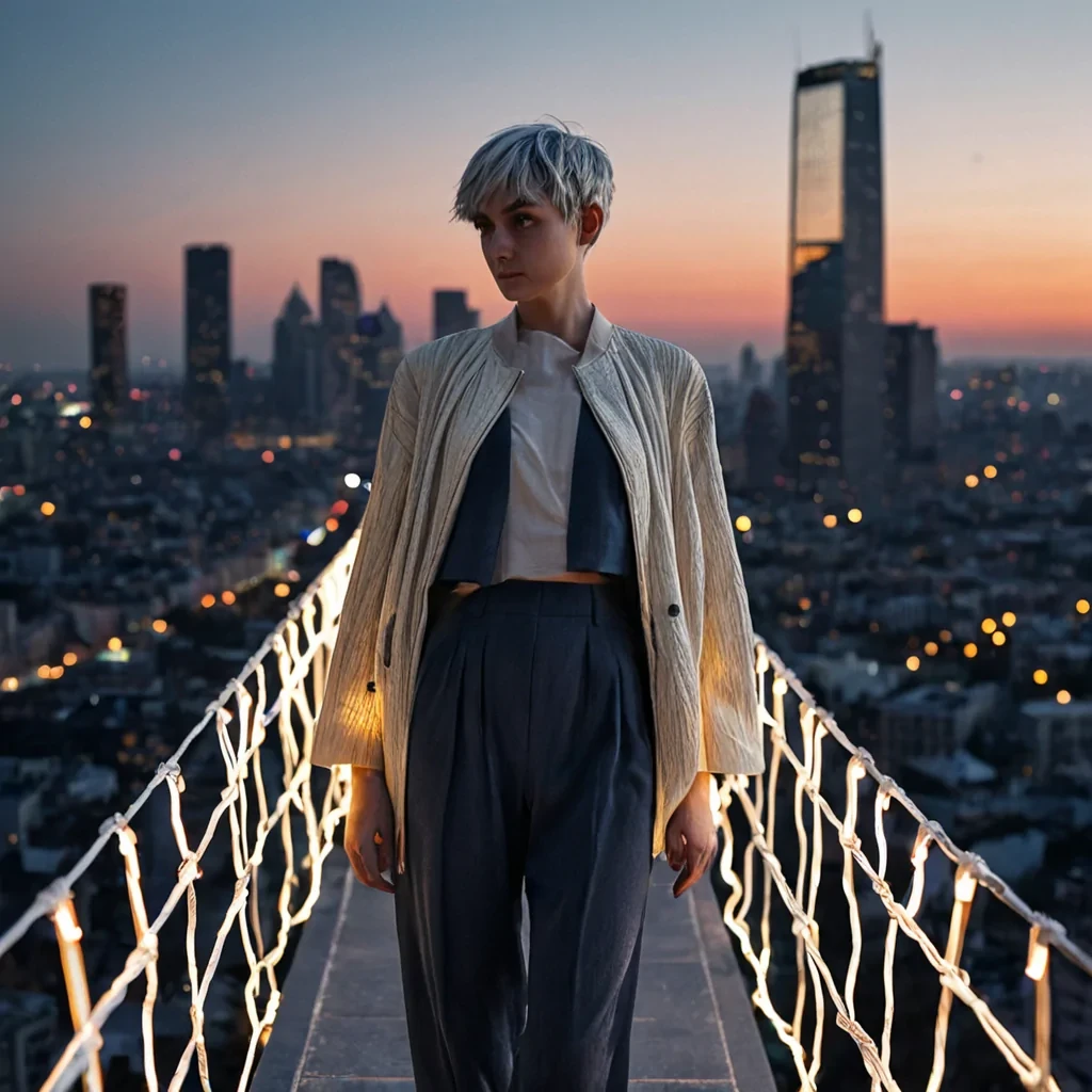 A vertical, fullbody portrait of a young adult with short, cropped silver hair, standing on a narrow, suspended walkway of woven white cables high above a sprawling, geometric cityscape that glows with soft, warm amber lights. The subject wears a structured, asymmetrical jacket made of rigid, matte slategray plates that overlap like shingles, paired with loose, flowing trousers of deep indigo silk. Their expression is calm and contemplative, eyes gazing toward the horizon. The background is a blur of bokeh from the distant city lights, creating a dreamlike, ethereal atmosphere. The lighting is soft and diffused, highlighting the texture of the jacket and the smoothness of the skin, with a subtle rim light defining the silhouette
