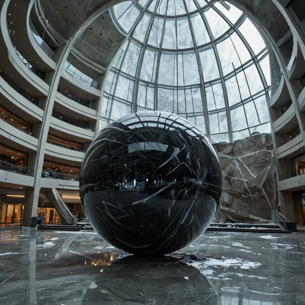 A single, transparent sphere of solidified wind hangs suspended in the center of a vast, glasswalled atrium built inside a mountain of compressed, fossilized silence. The sphere is not stillit rotates slowly, revealing layers of frozen air currents that spiral inward like a timelapse storm captured in crystal, each layer etched with the faint, ghostly outlines of voices that were never spoken but were heard anyway, in dreams or neardeath moments. The atriums floor is made of polished, black quartz that reflects not the sphere, but the exact moment it was formedseen from a different angle, as if viewed from the future, where the sphere has already shattered into a thousand glittering shards that float upward like reverse snow. The