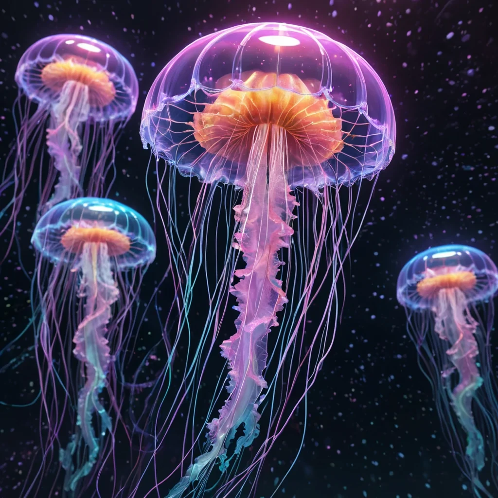 Hyperrealistic neon jellyfish with iridescent tendrils, gracefully pulsating through a floating, geometric mosaic of reflective, swirling pastel hexagons, dynamic lighting with volumetric beams, soft focus on its delicate, luminescent body, vibrant colors, 4K resolution, lens flare shimmering around its ethereal form in a surreal, futuristic nebula sanctuary.