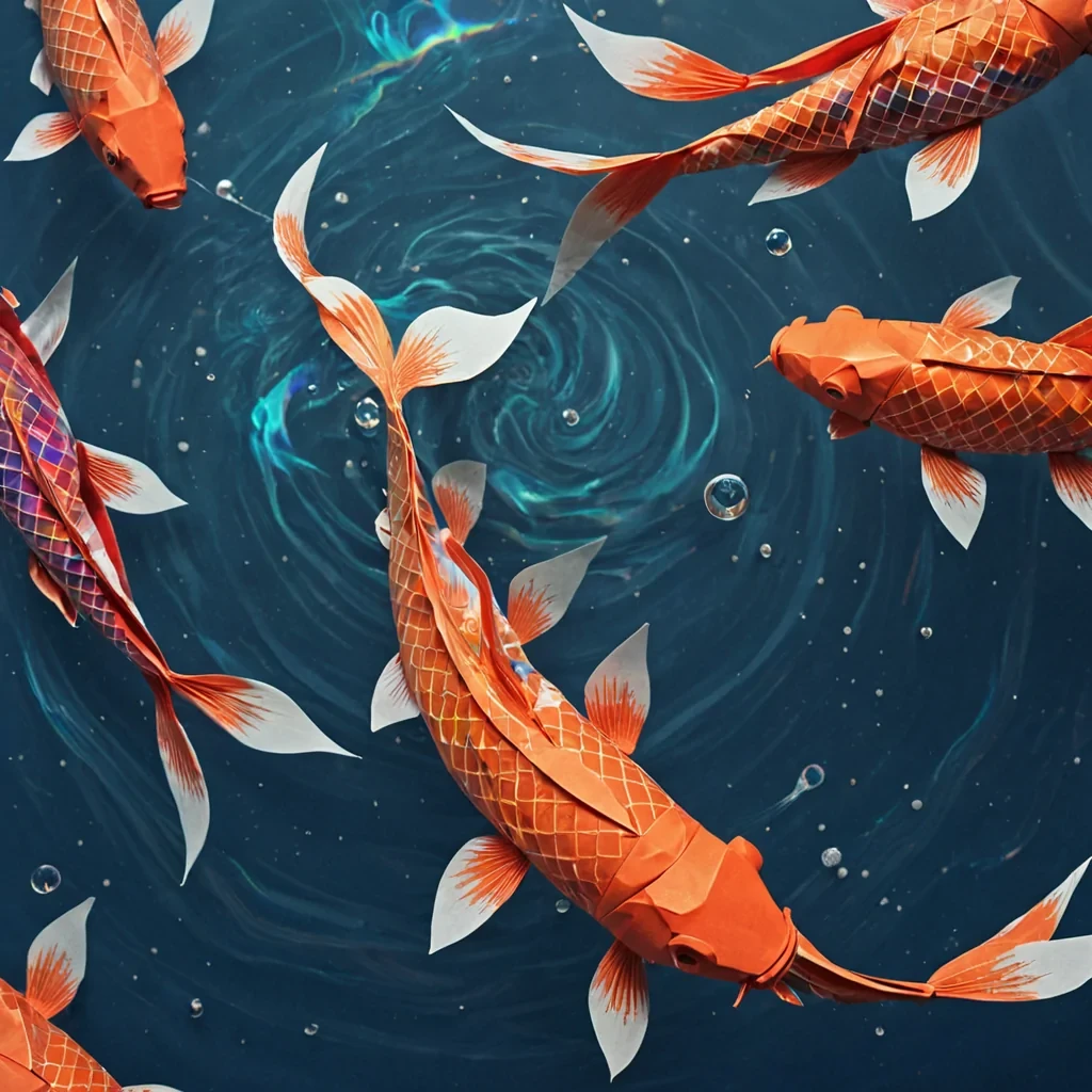 A colossal, selfassembling network of floating, translucent origami koi fish drifts through the upper atmosphere of a planet where gravity flows upward, each fish not folded from paper but from solidified wind currentscompressed gusts of breath from a civilization that never learned to breathe slowly. The koi do not swimthey glide in perfect, silent synchrony, their scales shimmering with the iridescent afterimage of unspoken lullabies carried on the wind, each fin etched with the faint, geometric outline of a hand that never reached out. The sky is not blueit is a slowmotion cascade of inverted rainbows, each drop not falling but rising like a reversed tear, reforming into a perfect, unbroken laugh before