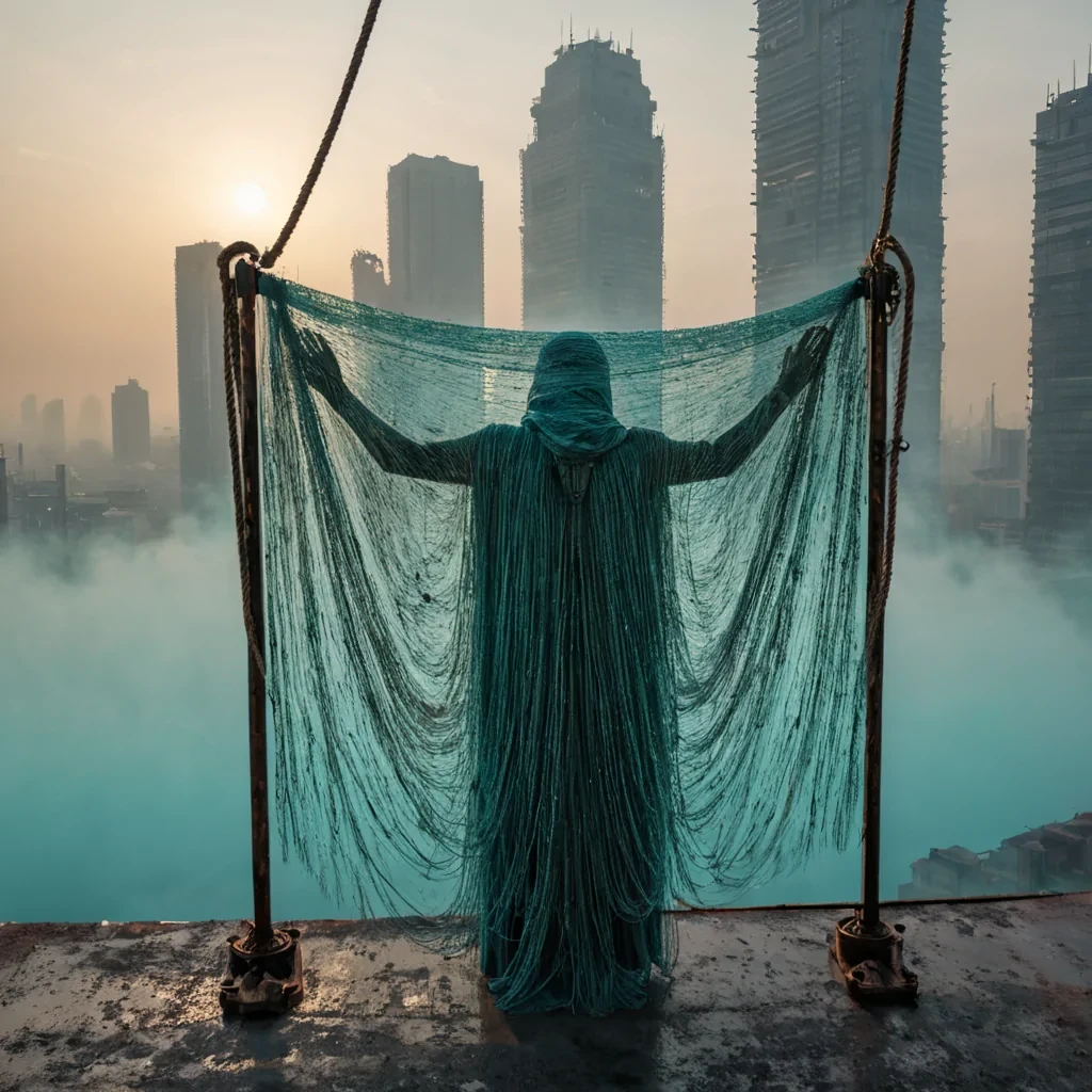 A horizontal, eyelevel wide shot of a vast, openair textile loom suspended in a dense, turquoise mist, where massive threads of spun liquid mercury weave horizontally across the frame, reflecting the distorted images of a futuristic, brutalist city skyline in the background. In the foreground, a solitary artisan wearing a heavy, textured cloak made of woven raw silk and copper mesh operates a massive, ornate lever mechanism crafted from polished rosewood and brass, guiding a thick rope of glowing, molten glass through the metallic threads. The air is thick with floating, iridescent dust particles that catch the warm, directional light of a setting sun, creating long, dramatic shadows and a hazy, atmospheric depth. The lighting is cinematic and highcontrast