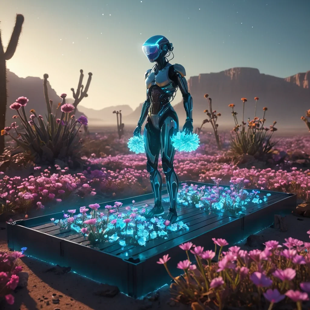 A lone, cybernetic gardener tends to a garden of levitating, bioluminescent flowers on a floating platform above a vast, crystalline desert, hyperrealistic, 8K, cinematic lighting, volumetric lighting, atmospheric effects, dynamic lighting, bokeh effect, soft focus, lens flare, neon colors, detailed textures.