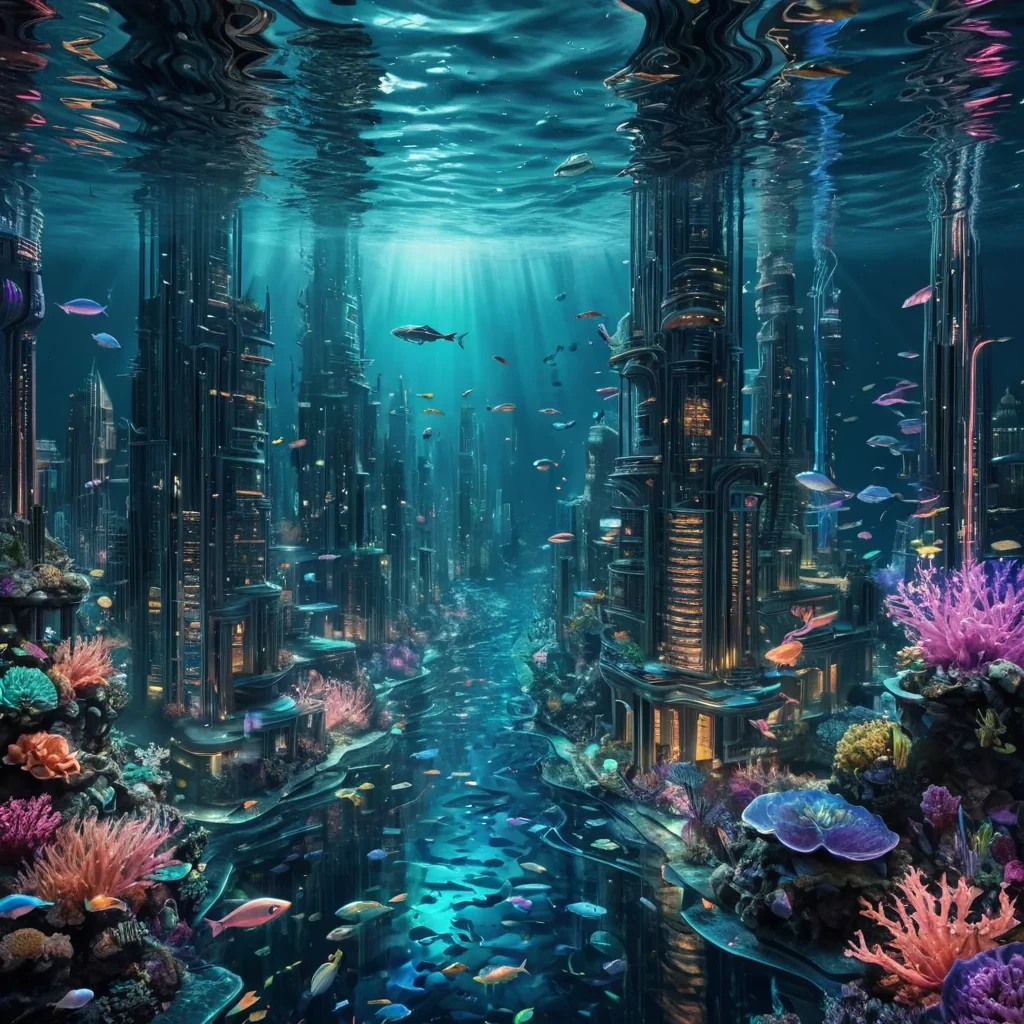 Neonlit Underwater Metropolis A sprawling, hyperrealistic cityscape lies submerged beneath the waves, illuminated by vibrant, volumetric lighting. Towering, glasslike skyscrapers stretch towards the distant seabed, their detailed textures reflecting the dynamic dance of bioluminescent flora. Schools of iridescent fish dart between the structures, casting soft, ethereal shadows. The citys heart pulses with a colossal, ancient machine, its rhythmic hum resonating through the water, creating atmospheric ripples that shimmer with pastel hues.