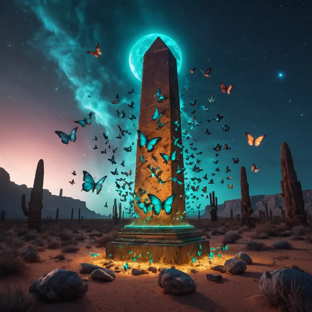 A sentient, glowing cloud of bioluminescent butterflies swarming around a levitating, ancient stone obelisk in a lush, otherworldly desert under a triple moon sky, hyperrealistic, 4K, cinematic lighting, volumetric lighting, atmospheric effects, lens flare, vibrant colors, detailed textures.