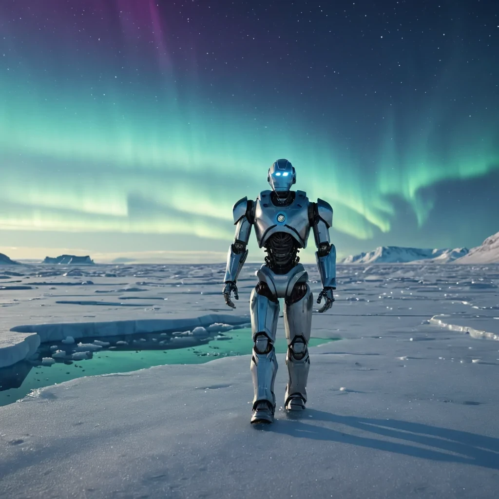 A lone robot explorer traversing a vast, icy tundra, its metallic surface reflecting the aurora above, discovering ancient, glowing artifacts scattered across the frozen landscape, hyperrealistic, 8K, cinematic lighting, volumetric lighting, atmospheric effects, dynamic lighting, bokeh effect, soft focus, lens flare, cool blues, icy whites, and mysterious purples, detailed textures.