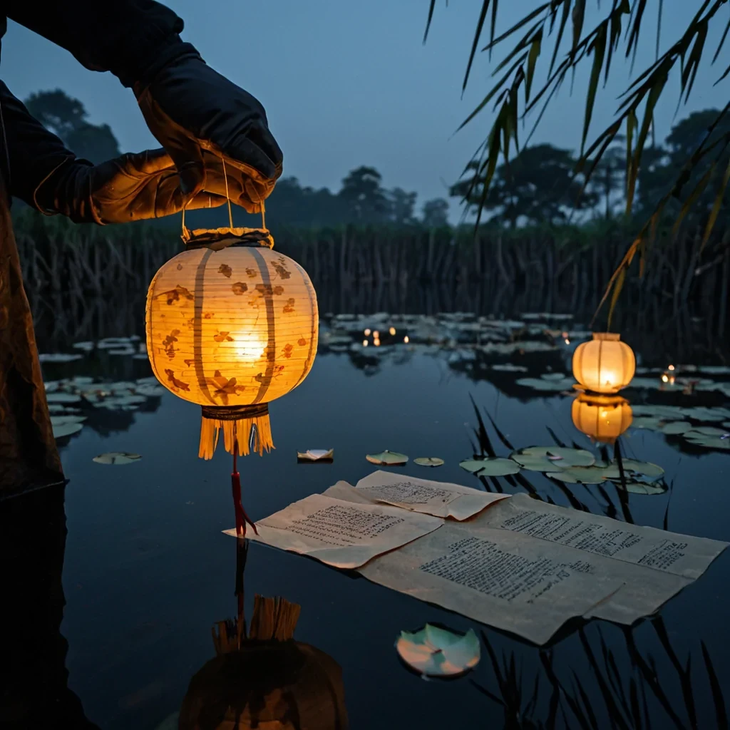 A horizontal, eyelevel closeup shot of a delicate, handcrafted paper lantern floating on the surface of a still, inkblack pond at night, surrounded by floating white lotus flowers that emit a soft, cool blue bioluminescence. The lantern itself is constructed from layers of translucent, ricepaper thin sheets painted with intricate, goldleaf constellations, illuminated from within by a single, flickering candle that casts warm, amber shadows onto the waters surface. In the immediate foreground, a pair of hands clad in delicate, semitransparent silk gloves gently adjusts the paper tabs of the lantern, while the background blurs into a deep, atmospheric mist where the silhouettes of ancient, gnarled bamboo stalks emerge from