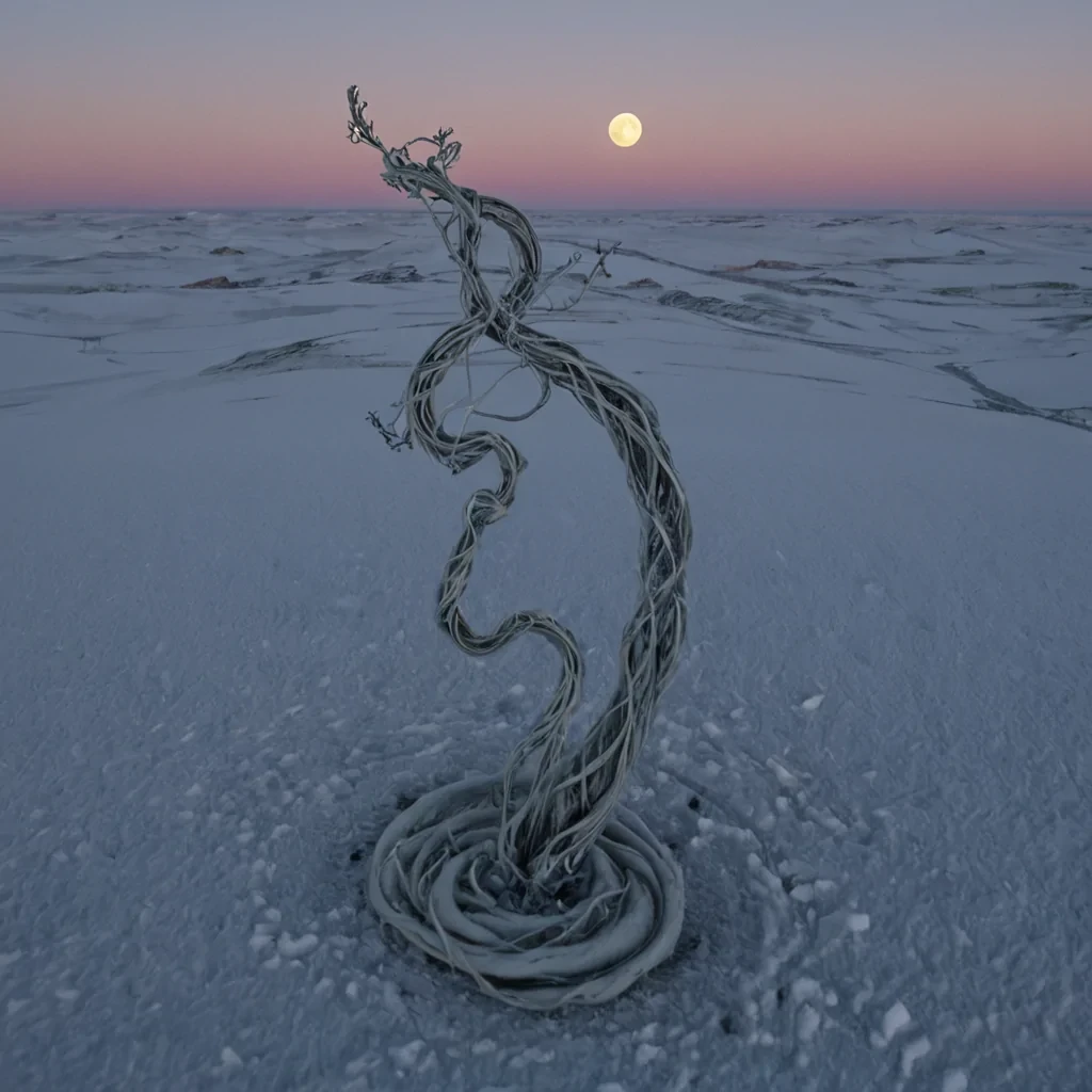 A single, selfoscillating filament of solidified moonlight, shaped like a spiraling, bioluminescent vine of reversed entropy and unformed stillness, drifts through the center of a vast, inverted tundra composed of the compressed, unspoken apologies of a civilization that communicated through the duration of synchronized, silent holding of the same unoffered hand. The filament does not glowit unholds, each contraction dissolving a layer of regret that never coalesced into a shared gesture, reforming into ephemeral, pearlthreaded afterimages shaped like the negative space between two palms that never met in the same moment of mutual hesitation. The tundra is not frozenit is a stratified expanse of petrified