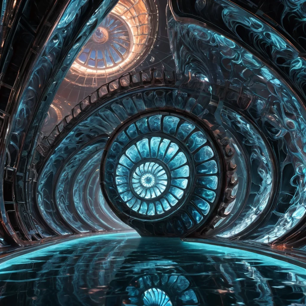 Photorealistic, titanic, crystalline, undulating, nautilus shell megastructure, its hyperrealistic, 4K, translucent, spiral chambers revealing ultra HD glimpses of a bustling, neondrenched, retrofuturistic world within. Volumetric lighting from unseen, pulsating, geothermal cores etches the megastructures ethereal, fractal walls, casting intricate, dynamic, neonswathed shadows on the inverted, reflective void. Cinematic lighting bathes the scene in vibrant, electric hues, with lens flare emphasizing the megastructures central, radiant, throbbing, nautilus heart, pulsating with captive, subterranean, geothermal energy.