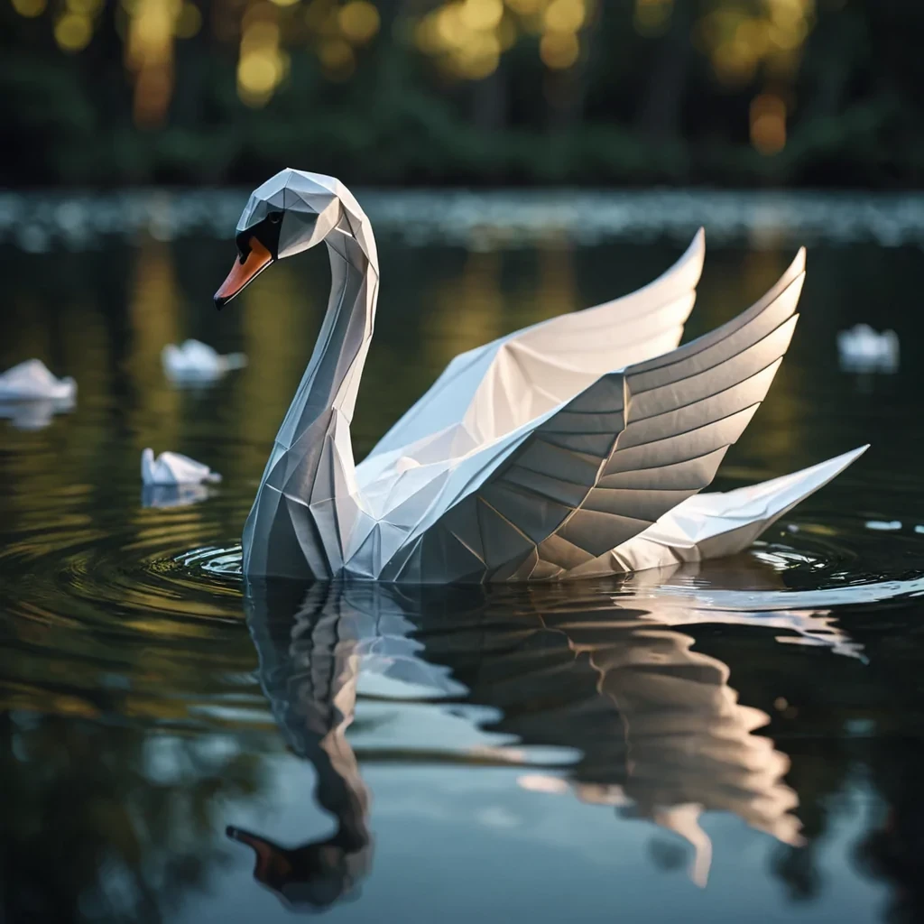 A hyperrealistic, 4K portrait of a serene, levitating origami swan gracefully gliding across the surface of a tranquil, bioluminescent lake, with cinematic lighting casting soft shadows on its delicate, paperthin form, and a subtle, warm bokeh effect creating a sense of ethereal tranquility.