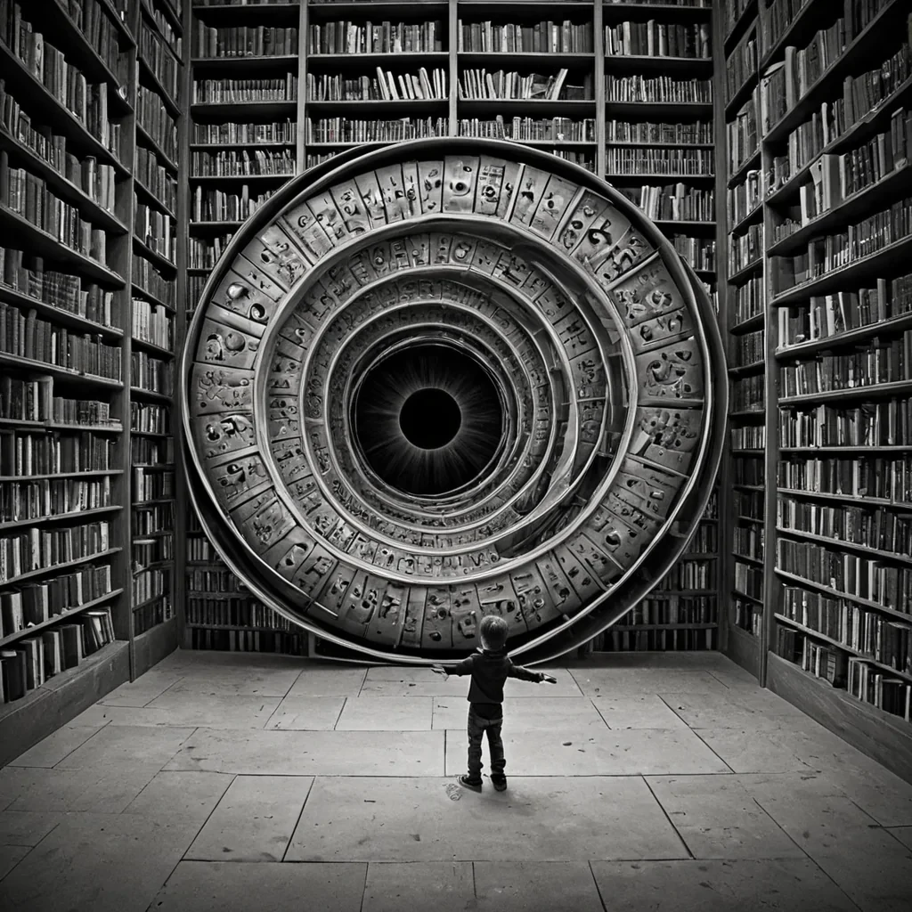 A single, selfsiphoning vortex of reversed curiosity, shaped like a 3,009dimensional spiral of unformed inquiry and inverted wonder, rotates at the center of a vast, inverted library of solidified ignorance  each book carved from the exact moment between a question forming and its refusal to be asked, a key turning in a lock and dissolving into nonmechanical stillness, a childs hand reaching for a forbidden door and collapsing into pure, unmeasured silence. The spiral does not draw knowledge  it undraws it, each twisting filament shedding a layer of cognitive potential that never coalesced into understanding, reforming into ephemeral, topazveined afterimages shaped like the negative space between two