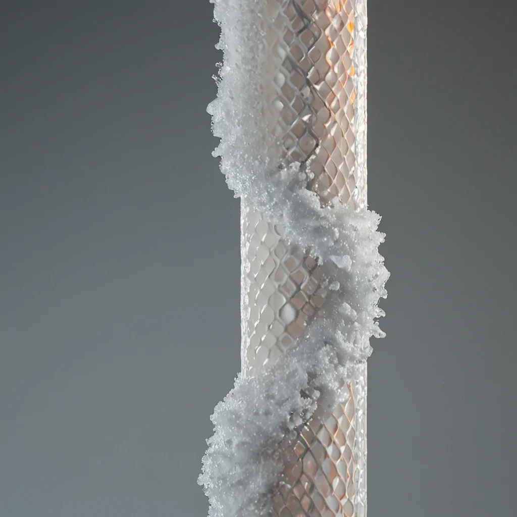 A hyperrealistic, sideprofile shot of a massive, suspended column of viscous, matte white ceramic fluid, frozen in a state of turbulent, slowmotion collapse. The liquid does not flow downward but twists into an impossible, doublehelix structure, composed of thousands of tiny, rigid, hexagonal prisms that are seamlessly fused into the wet medium. Each prism is translucent, allowing a glimpse of a dense, woven lattice of copper wiring suspended within the core of the helix, glowing with a faint, warm orange embers. Surrounding the central column, the air is filled with a fine, static mist of silver dust that catches the light, creating a soft, hazy halo. The background is a seamless, deep, velv