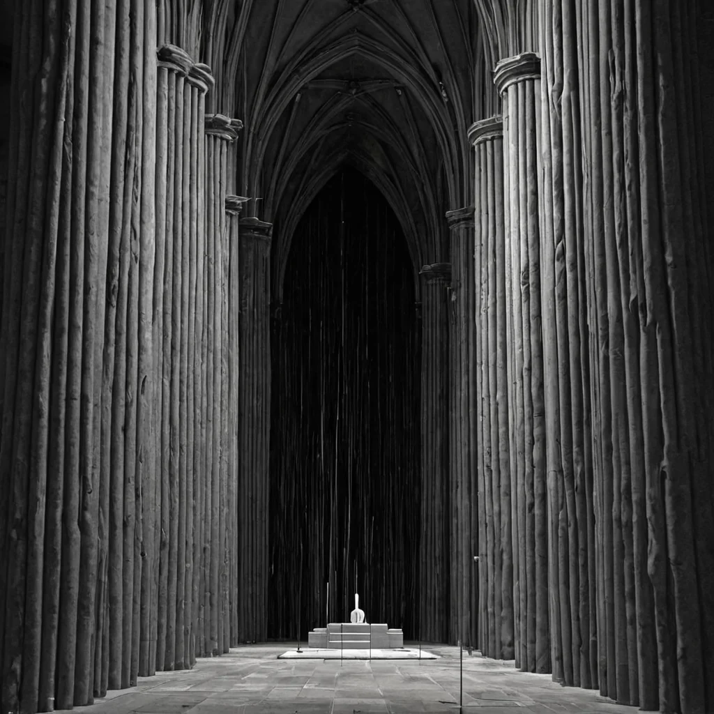 A single, selfresonating cluster of reversed silence, shaped like a 12,001dimensional void of unformed quiet and inverted stillness, drifts through a vast, inverted cathedral of solidified sound  each pillar carved from the exact moment between a note being played and its refusal to resonate, a whisper forming and dissolving into nonacoustic emptiness, a heartbeat echoing and collapsing into pure, unmeasured hush. The void does not contain silence  it uncontains it, each shimmering edge shedding a layer of auditory potential that never coalesced into perceptible vibration, reforming into ephemeral, moonlightthreaded afterimages shaped like the negative space between two ears that never listened to a world that