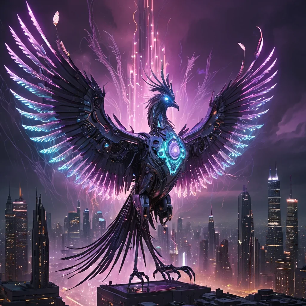 A colossal, ancient, mechanical phoenix, its metallic feathers adorned with intricate, pulsating neon circuits, descends from a stormy, amethyst sky, leaving a trail of iridescent, otherworldly contrails. Below, a labyrinthine, neonlit cityscape sprawls, its towering, obsidian spires reflecting the phoenixs ethereal glow. Suspended within its transparent, bioluminescent belly, a holographic, sentient, mechanical swarm of butterflies dances, casting ephemeral shadows on the citys inhabitants sentient, robotic, avian creatures. Rendered in ultra HD, with dynamic lighting, atmospheric effects, and a subtle b