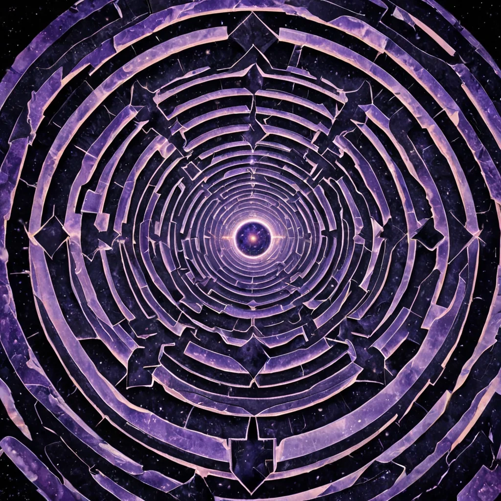 A vast, geometric labyrinth of polished obsidian and iridescent quartz stretches infinitely beneath a fractured sky of swirling, liquid cobalt and molten gold, its walls etched with glowing runes that pulse in time with the heartbeat of a dormant planet core. Each corridor is lined with suspended orbs of solidified soundsome shimmering like frozen rainbows, others dark and dense as unlit starsemitting faint, harmonic whispers that resonate through the air in a low, melodic thrum. At the center of the maze, a colossal, crystalline key floats in midair, its facets refracting the ambient light into shifting patterns of electric lavender and deep amethyst. The ground is paved with tessellated tiles of solidified shadow,