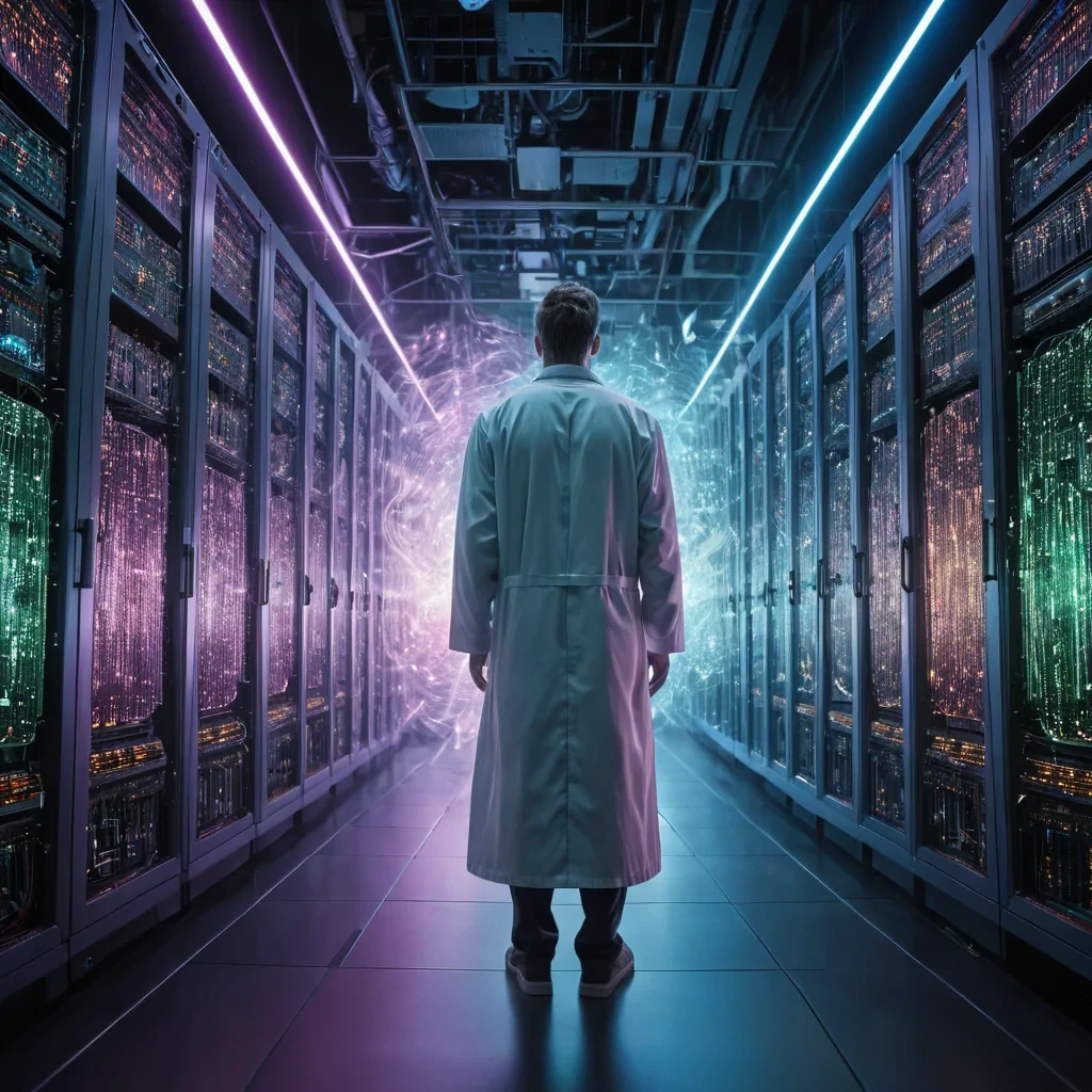 Quantum Whisper A solitary, hyperrealistic, quantum physicist, cloaked in a vibrant, Ultra HD, neonlit lab coat, stands in the heart of a colossal, surreal, holographic supercomputer. The supercomputers intricate, detailed textures pulsate with cinematic, volumetric lighting, casting dynamic shadows across its sprawling, geometric circuits. Atmospheric effects create a swirling, ethereal mist, revealing the physicists serene, introspective expression as they gaze upon a mesmerizing, ultraHD quantum fluctuation, dancing gracefully within the supercomputers core. The fluctuations iridescent, pastel hues cast a soft, bokeh effect, illuminating the physicists weathered,