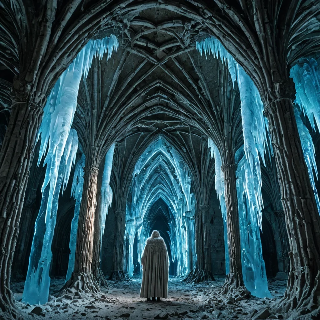 A horizontal, eyelevel wide shot of a colossal, subterranean cathedral constructed entirely from massive, interlocking blocks of translucent, frosted blue ice, illuminated from within by the soft, pulsating glow of bioluminescent moss clinging to the roughhewn surfaces. The architecture features soaring, jagged arches that mimic the chaotic growth patterns of coral reefs, creating a labyrinthine nave filled with suspended, crystalline chandeliers that drip slowmoving liquid light. In the foreground, a solemn keeper with skin the texture of smooth, pale birch bark and wearing a heavy, insulated cloak woven from gray wool and lined with soft, white fur stands on a narrow, carved stone ledge. They are gently holding a lantern made of hollowed